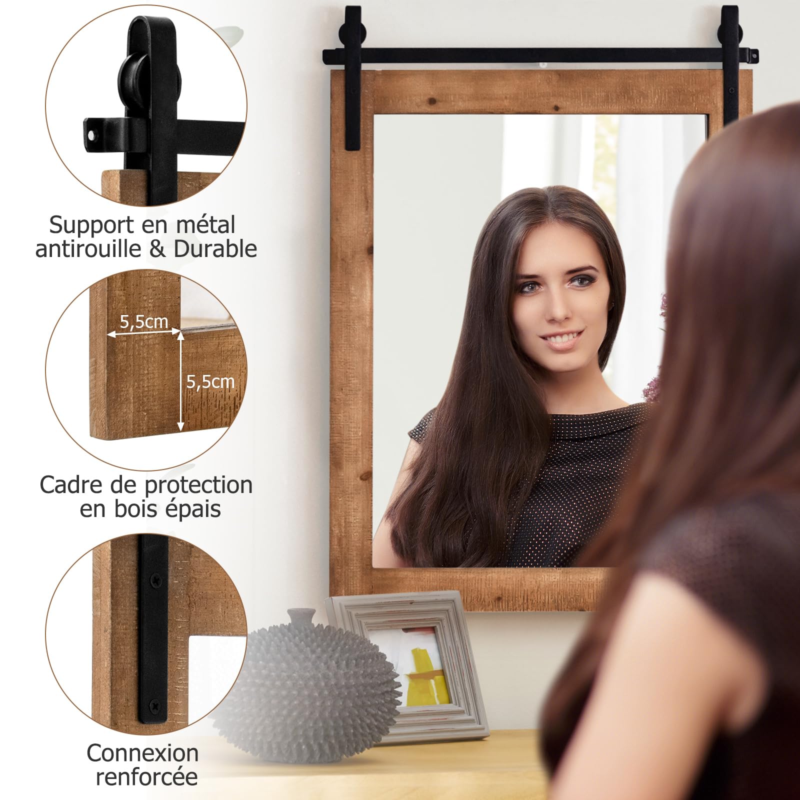 GOPLUS Miroir Mural Solide, 76,5×54CM, Miroir Décoratif Rectangulaire en Bois Sapin & Verre de Haute Définition & Support en Métal, pour Entrée, Salle de Bain, Chambre à Coucher (Brun)