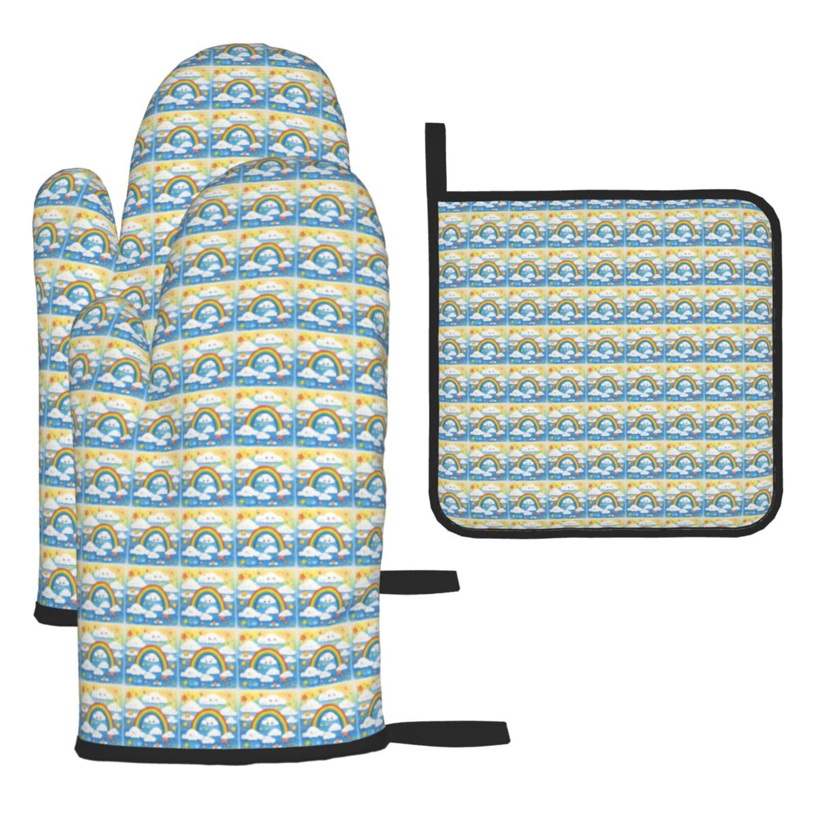Rainbow Clouds Raindrop Print Oven Mitts Kitchen Gloves Set Everyday Baking Grilling Microwaving Cooking Gift