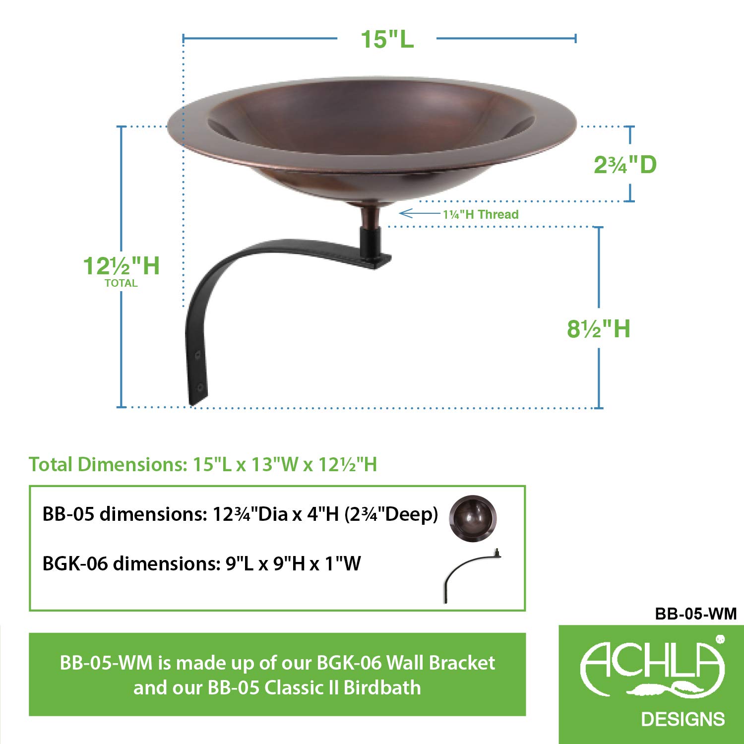 Achla Designs BB-05-WM Classic II uchwyt ścienny do kąpieli dla ptaków, antyczna miedź, czarny