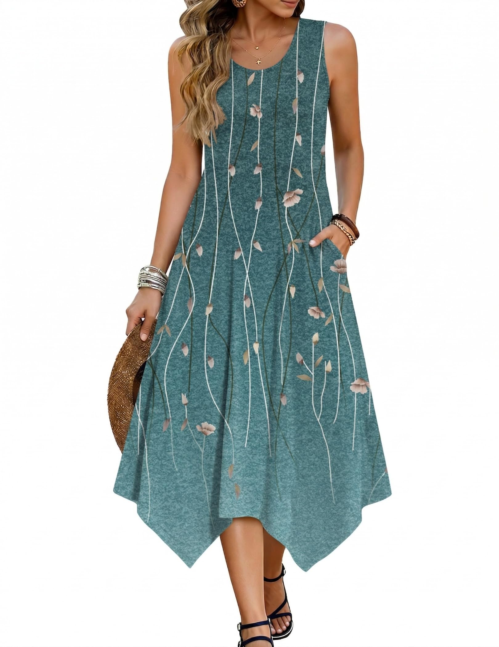 Zeagoo Sommerkleid Damen Ärmellos Rundhals Kleider Blumen Kleid A-Linie Strandkleid Leicht Midikleid Freizeitkleid mit Taschen