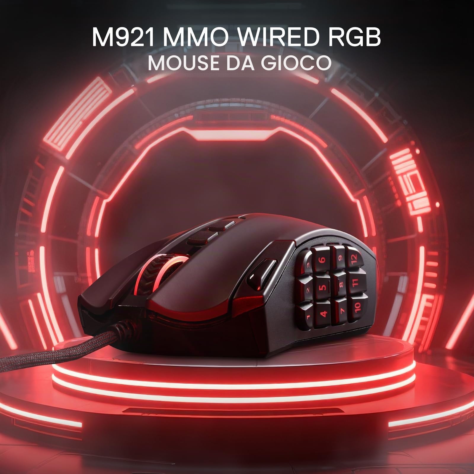 Redragon M921 Mouse MMO Cablato RGB 12400 DPI 18 Tasti Programmabili Gioco | 12 Tasti Macro Laterali Alta Precisione Supporto Software per PC Portatile Gioco