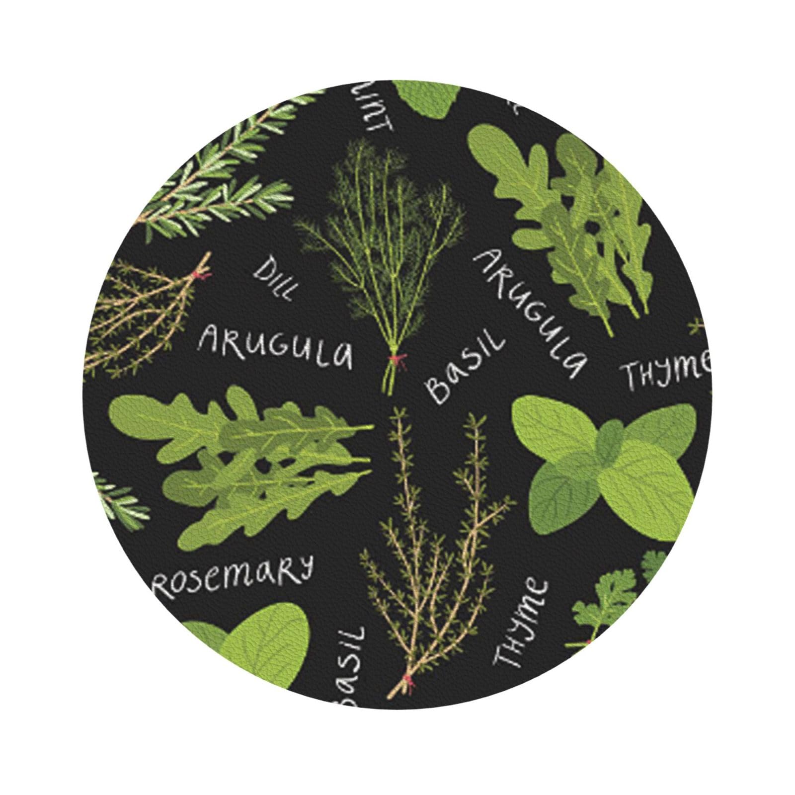 Basil Thyme Dill & Rosemary PU Leather Coasters Set of 6 Round Drink Coasters