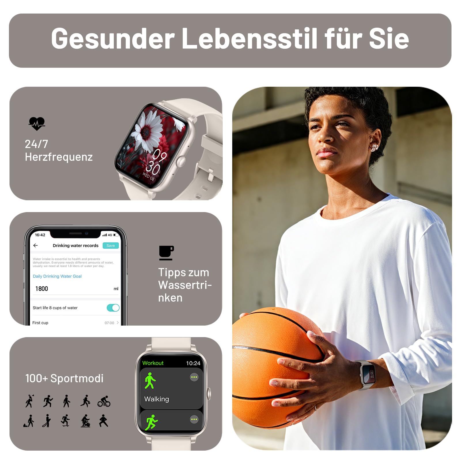 Smartwatch Herren Damen, 1.85" HD Intelligente Uhr mit Bluetooth-Anruf, 130+ Sportmodi mit Herzfrequenz/Schlafmonitor/Schrittzähler, IP68 Fitness Tracker für Android iOS Starlight