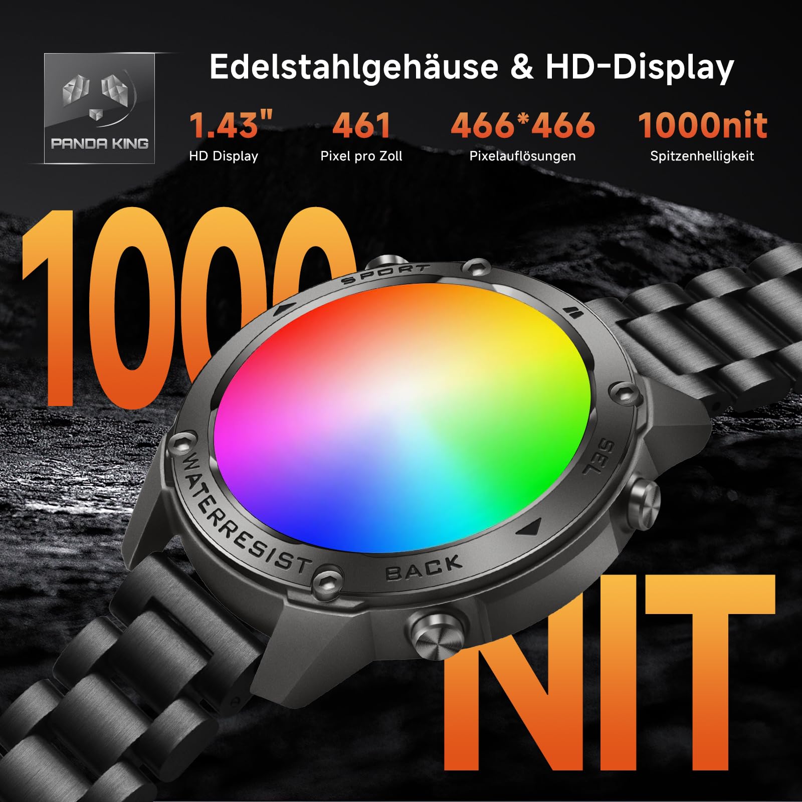 Smartwatch Herren mit GPS,Kompass,Barometerdruck,Höhenmesser, 1.43'' AMOLED Display, 170+ Sportmodi, 5ATM Wasserdicht, 45+ Tage Akku, Militär Smartwatch Edelstahl für Android iOS (2 Uhrbänder)Silbern