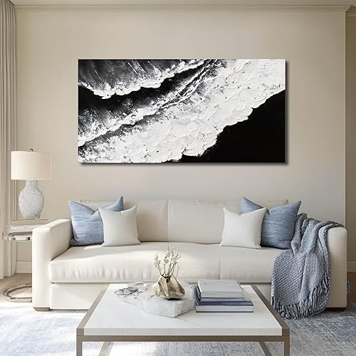Miniatura 2 de NBAODAN Decoración de pared en blanco y negro, lienzo de mar, pintura abstracta neutra de 24 x 48 pulgadas, obra de arte para dormitorio, arte de