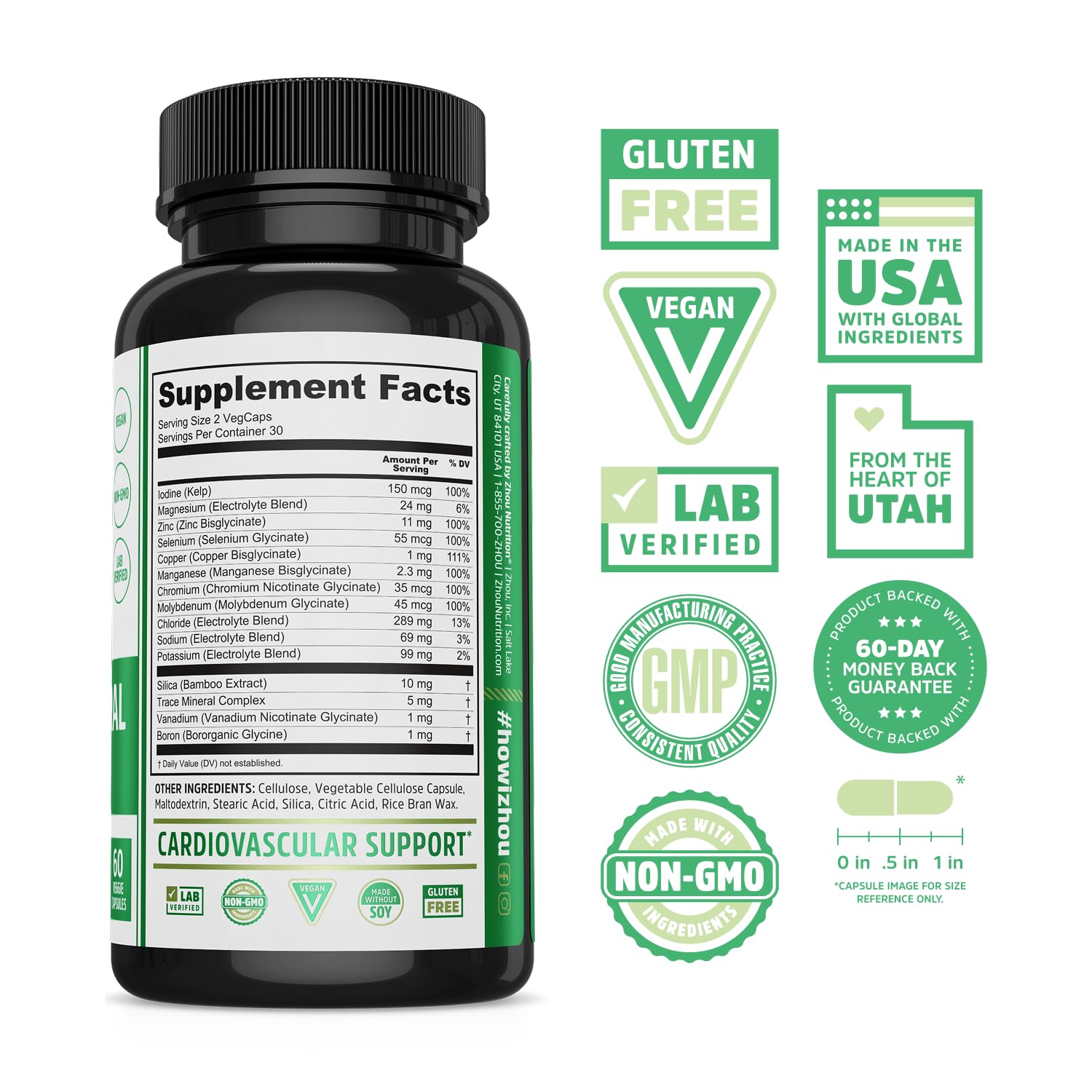 Zhou Essential Mineral Complex Full-Spectrum Minerals for Bone, Immune, Muscle, Heart & Antioxidant Support Vegan, Gluten Free, Non-GMO 30 Servings, 60 VegCaps — Amazon image 2