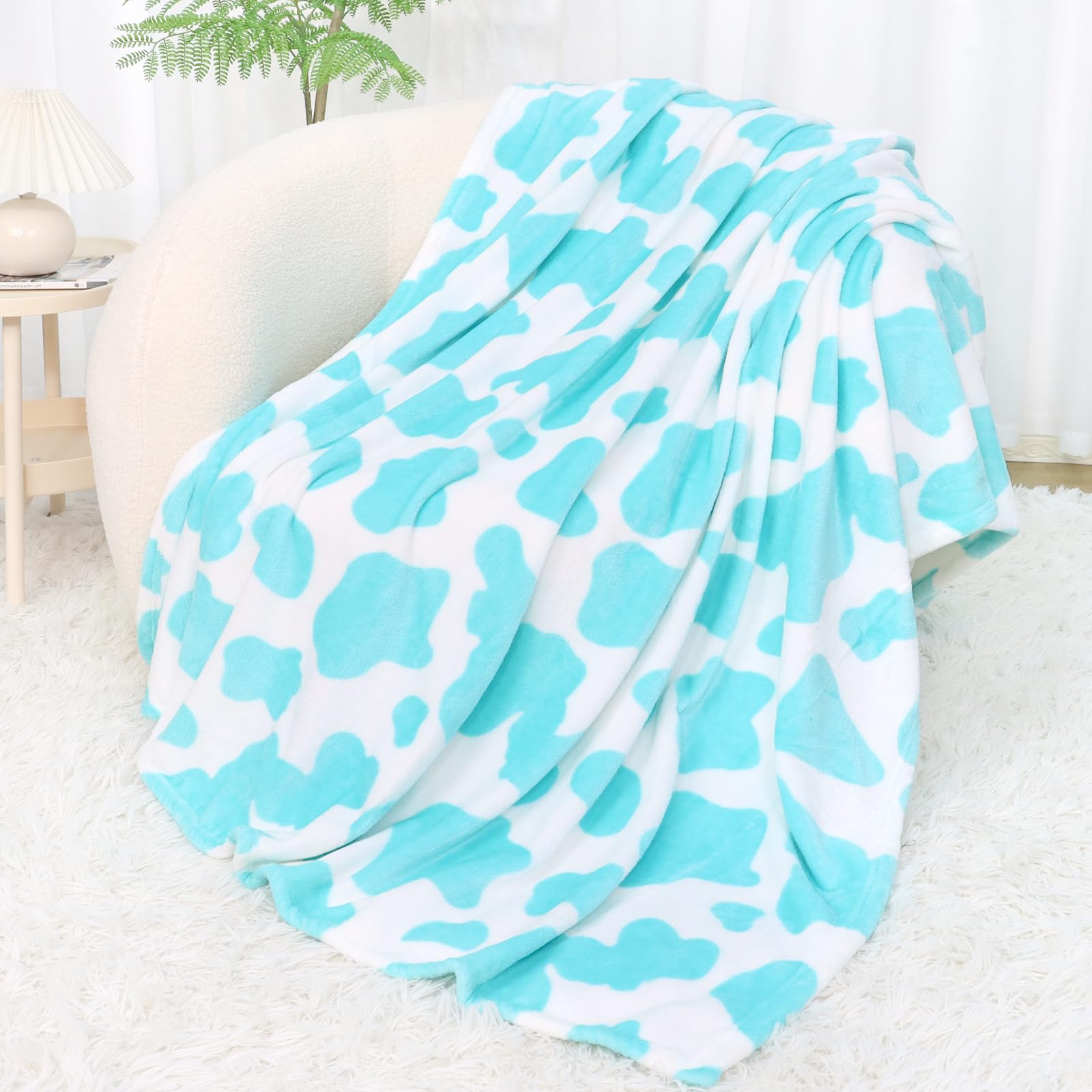 Seegu Girls Blue Cow Blanket Cute Blue Cyan Soft Cozy Fuzzy Fleece Blanket - Warm Decorative For Bedroom