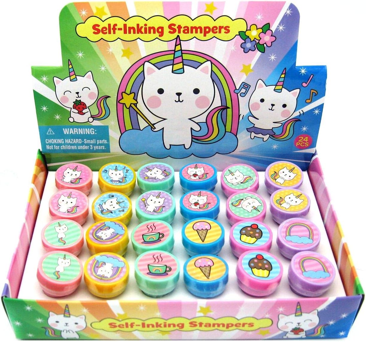 TINYMILLS 24 Pcs Unicorn Kitty Stampers for Kids Birthday Party Favors Goody Bag Stuffers Pinata Fillers Classroom Rewards Carnival Prizes