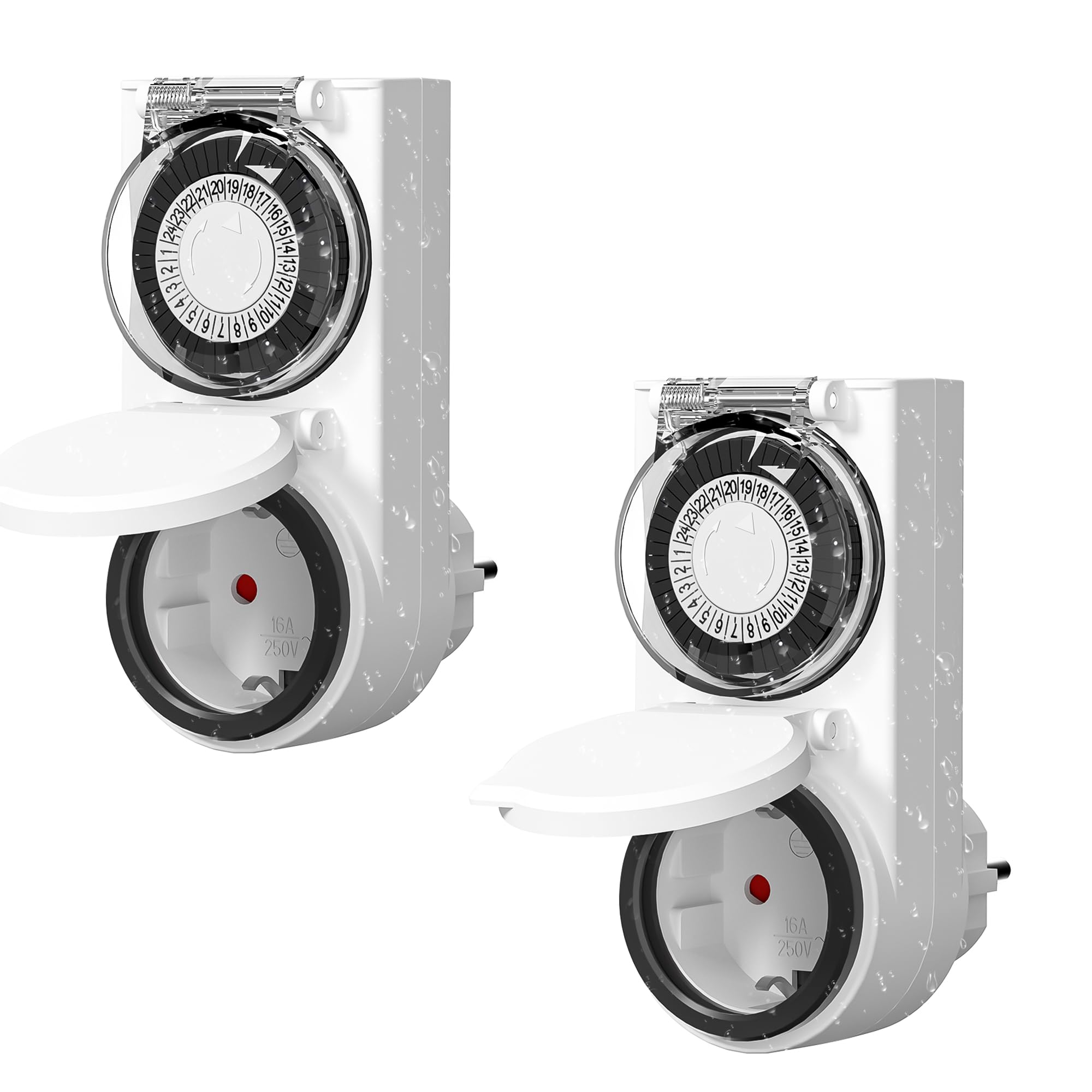HBN 2X Zeitschaltuhr Steckdose Aussenbereich, IP44 Outdoor Mechanische Timer mit Kindersicherung & Schutzabdeckung, Analoge Tageszeitschaltuhr für Außen, 16A/3.680W