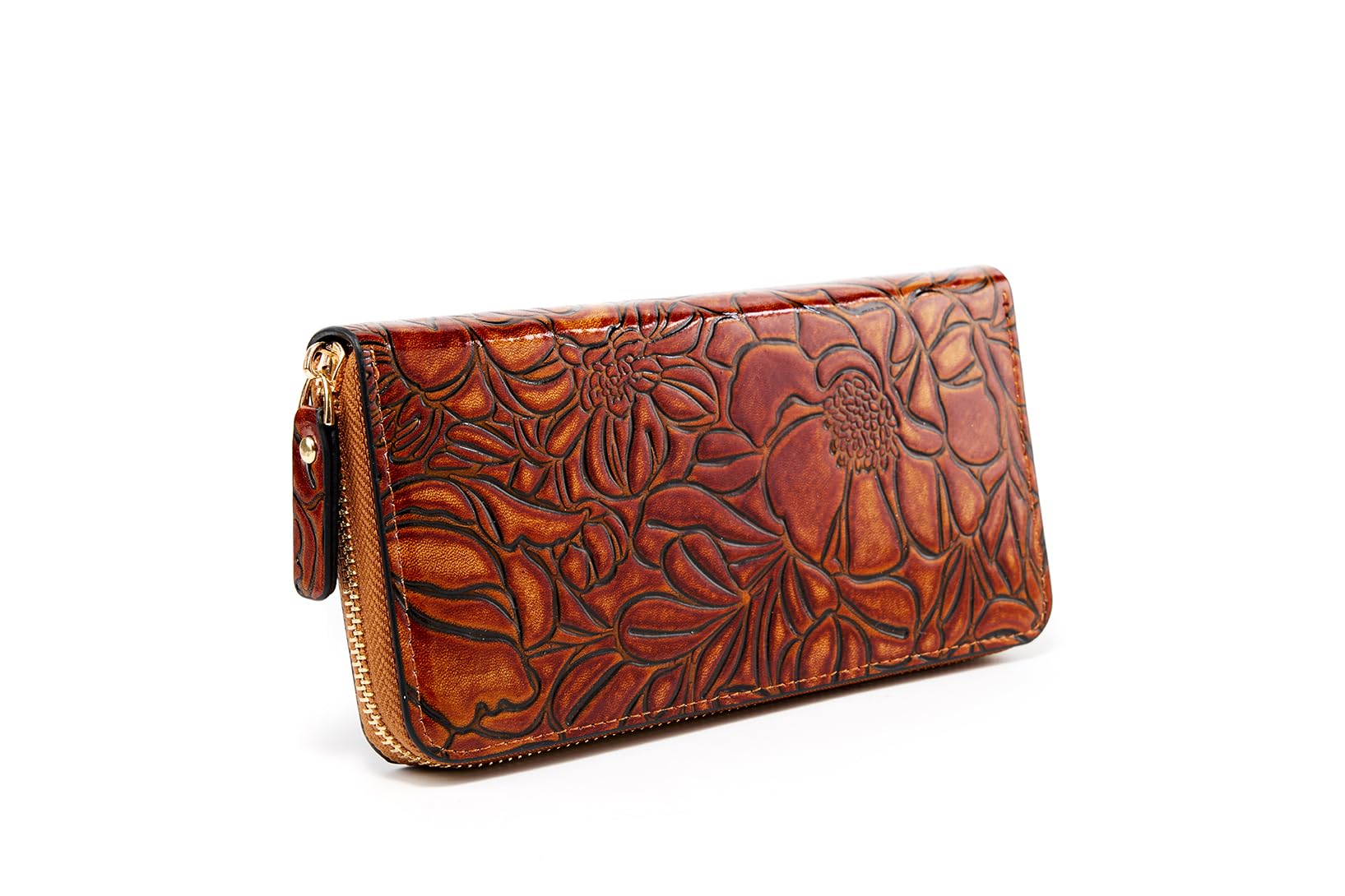 MUDUO Vintage embossed women's zipper purse Stylish and elegant leather carved clutch bag for holding cards and mobile phone. (Brown)