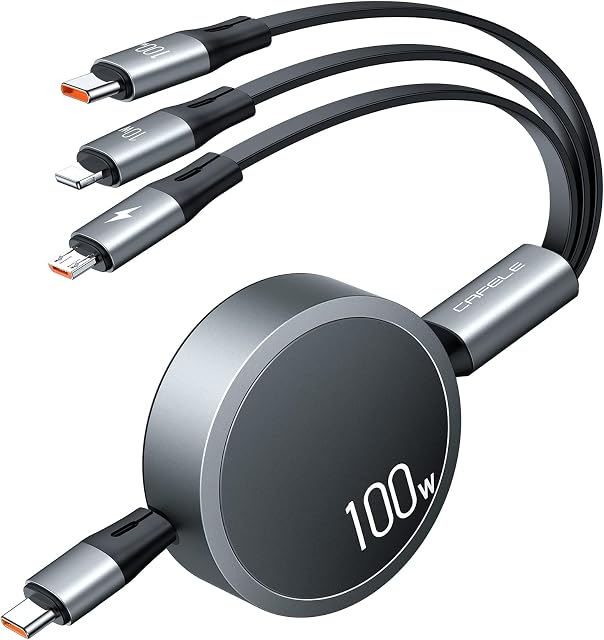 CAFELE [2023 Pro Version] USB C Cable 100W PD Super Fast Charging Cable, 3 in 1 Retractable Charging Cable Multi Charging Cable with Type C/Micro USB for Laptop/Tablets/Phone 13 12/Galaxy(4ft)