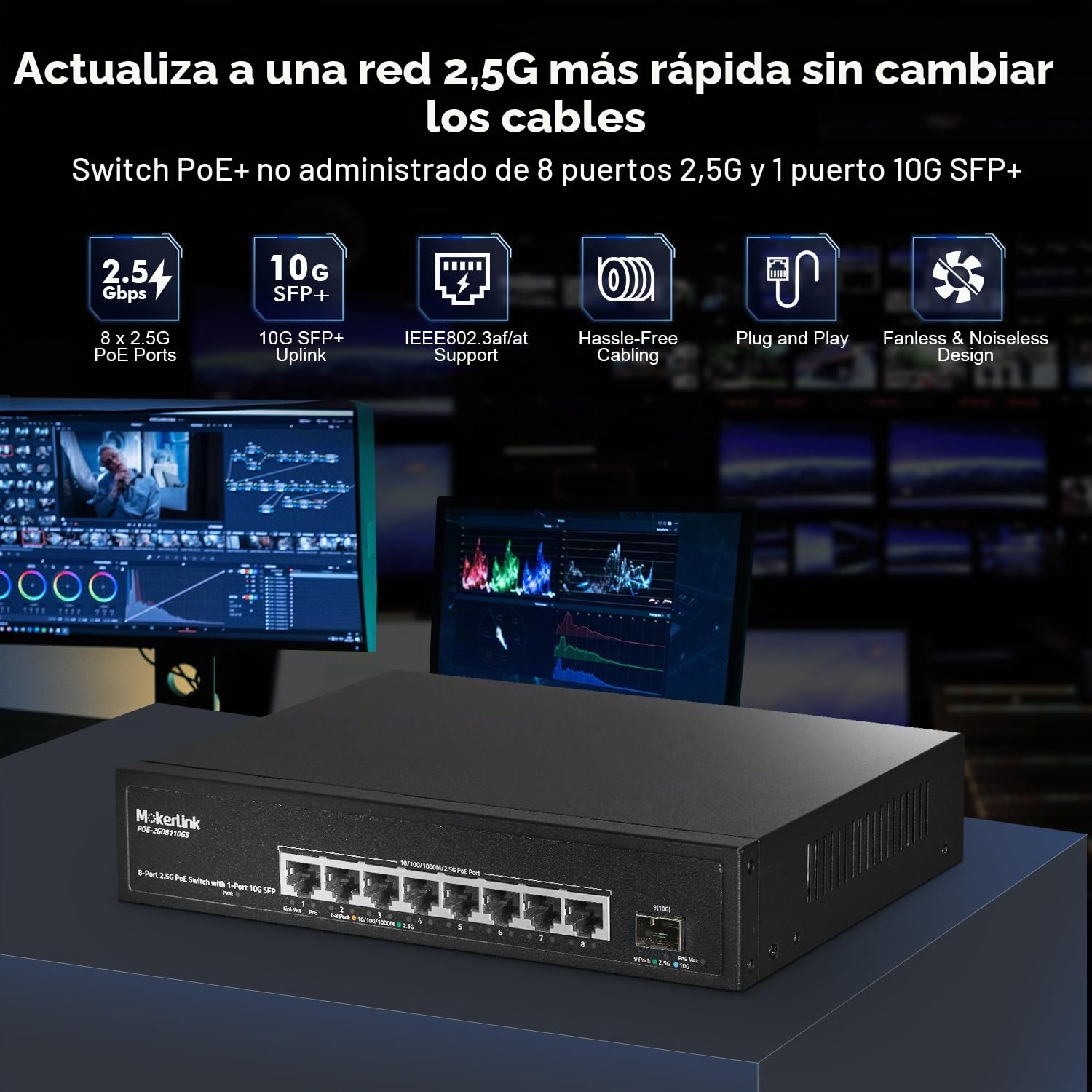 MokerLink 8 Port 2.5 Gigabit PoE Switch con 10G SFP, 8 x 2.5G Ethernet Ports, 8 Port PoE IEEE802.3af/at, 120W, Compatible con 10/100/1000Mbps, No Administrado Fanless Wall Mountable Network Switch