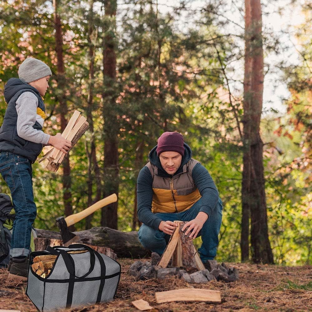 qiuqiu Firewood Log Carrier Tote Bag, Canvas Fireplace Wood Holder Heavy Duty Firewood Carrier Bag with Durable Handle Fireplace Wood Stove Accessories for Camping Firewood-Gray