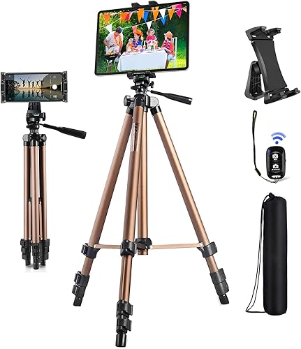 Peastrex Trípode para iPad iPhone, 3 en 1, soporte para cámara de teléfono, soporte ligero de 54 pulgadas con control remoto para tableta de 3.5 a