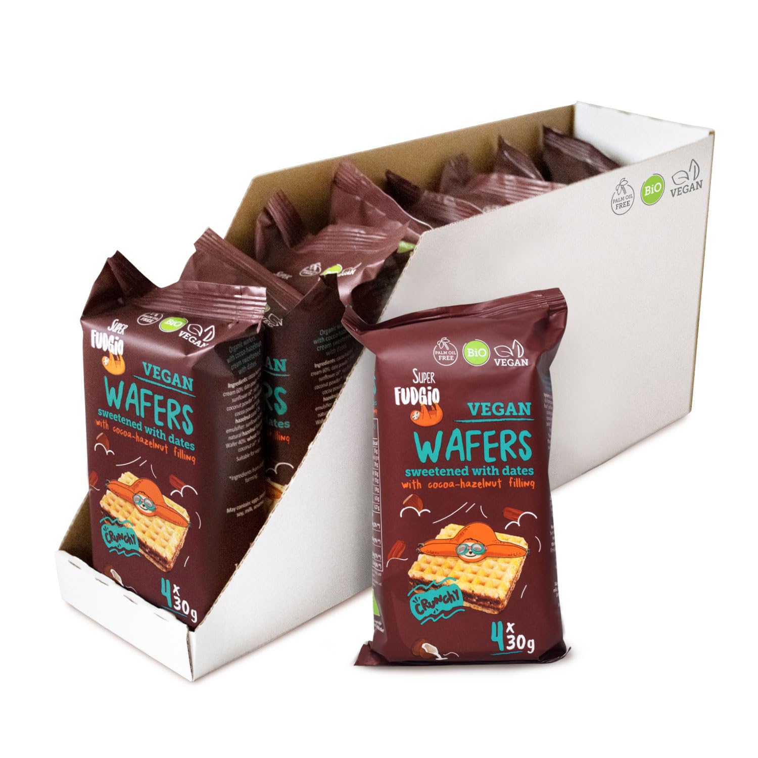 SUPER FUDGiO Bio gofres con crema de cacao y avellana | Endulzado con dátiles en lugar de azúcar | sin aceite de palma | Snack vegano 4 x 30 g (8 unidades)