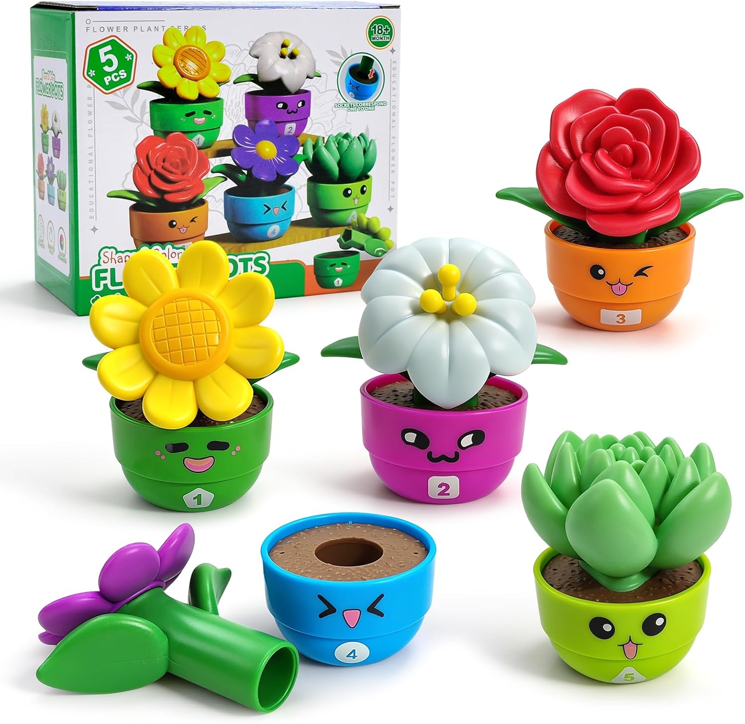 GEERAY 5 Sets Montessori Toddler Flower Garden Toys, Color Shape Sorting & Matching Game for Kids, Spring Toy Sensory Gardening Gift for 1 2 3 Year Old Girls & Boys, Preschool Classroom Learning