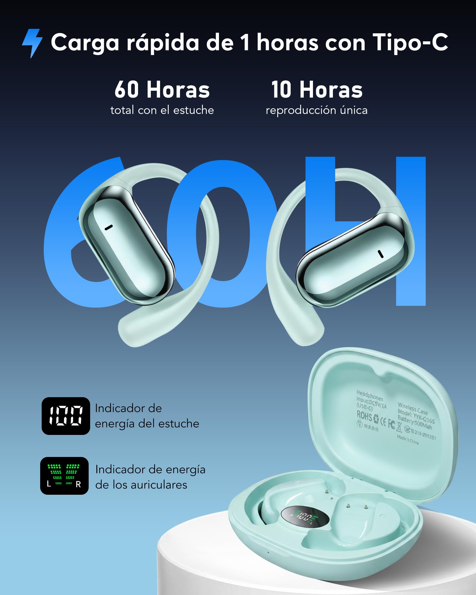 Auriculares Traductor en Tiempo Real 8 Modos Traducción con 198 Idiomas | 3 en 1 Auriculares Traductores de Idiomas, 60H Cascos Oreja Abierta Bluetooth 6.1 para Viajes, Reuniones Azul