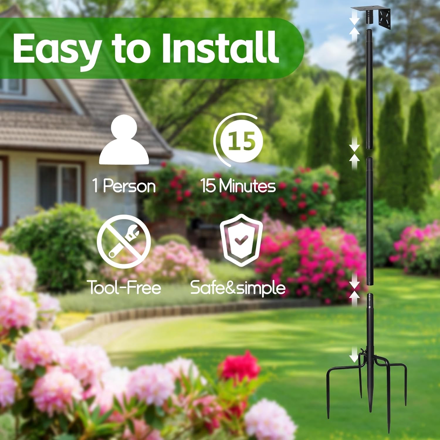 Bird Feeder Pole, 92 Inch Bird House Pole, Adjustable Bird Feeder Stand with 5-Pronged Base, Heavy Duty Metal Mounting Kit for WildBird Garden,Slip-Fit Connection, Black, Easy Setup, Without Feeder