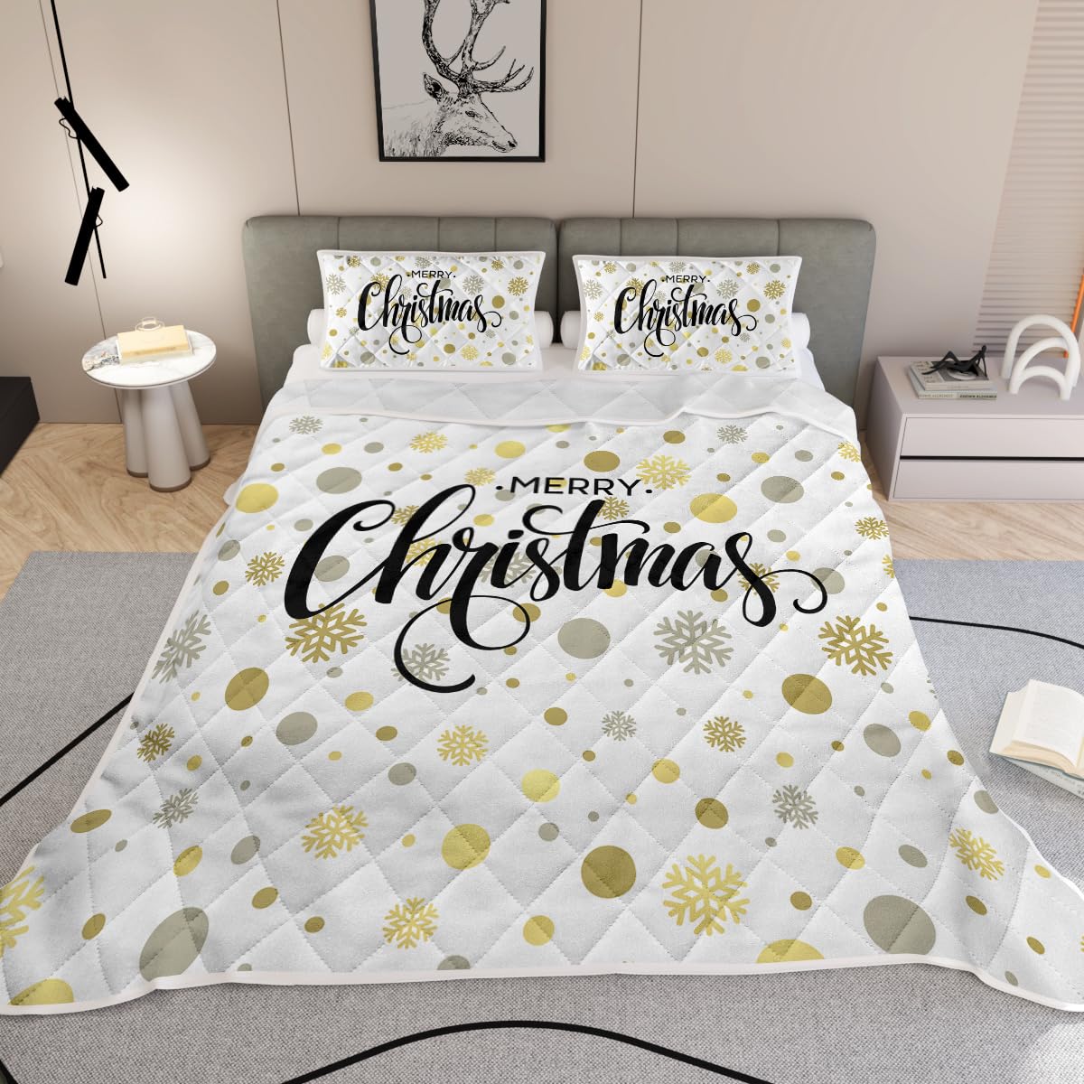 MILANKET 3 Piece Christmas Quilt Set King for Women Girls Holiday Christmas Decoration, Lightweight Microfiber Gold Silver Circle Snowflake Pattern Winter Xmas White Coverlet with 2 Pillowcases