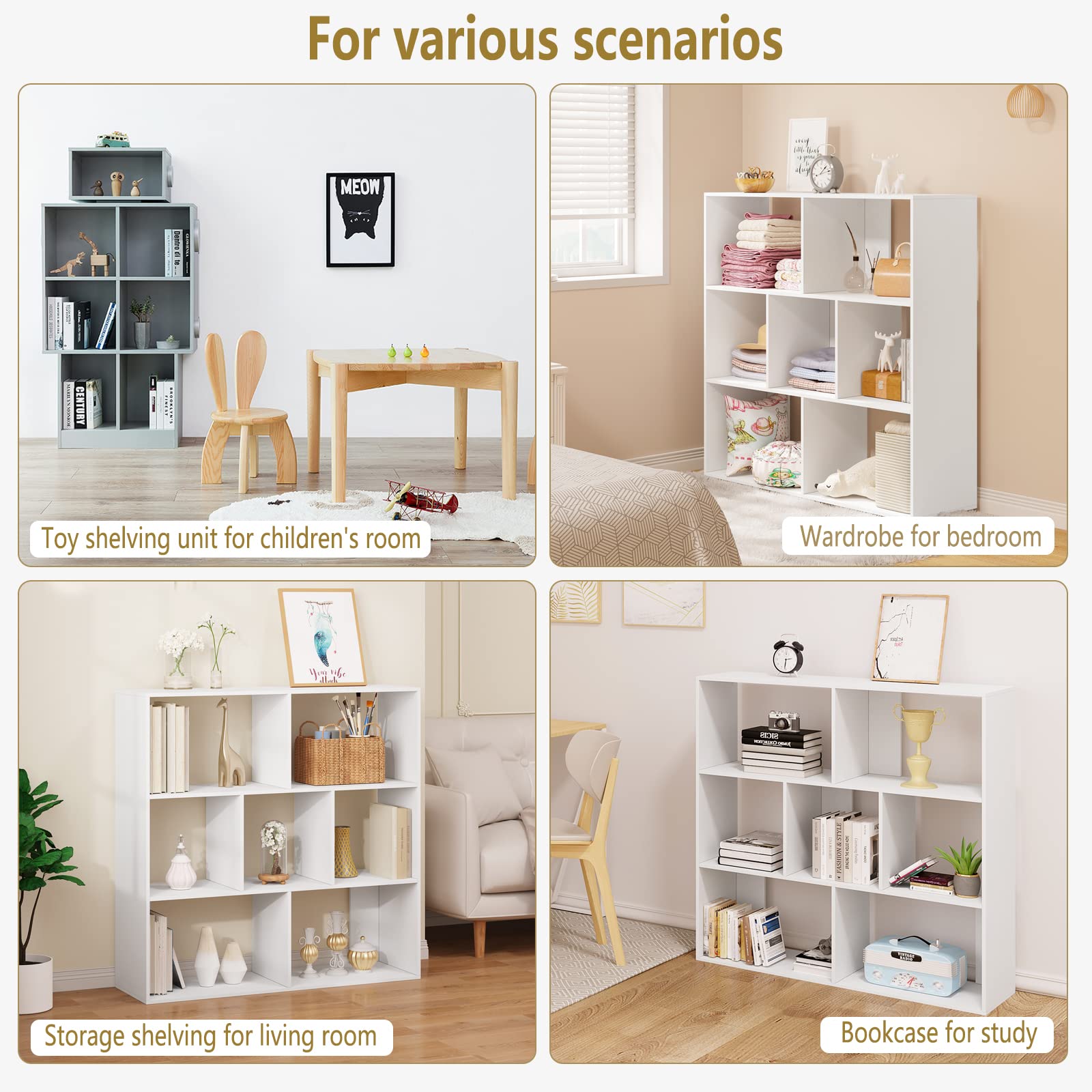 eSituro Librería de Madera, Estantería Libros de 3 Niveles | 7 Estantes Modulares de 2 Tamaños, para Salón, Oficina, Dormitorio, Estudio, Blanco, 100x100x30 cm, SBKC0042