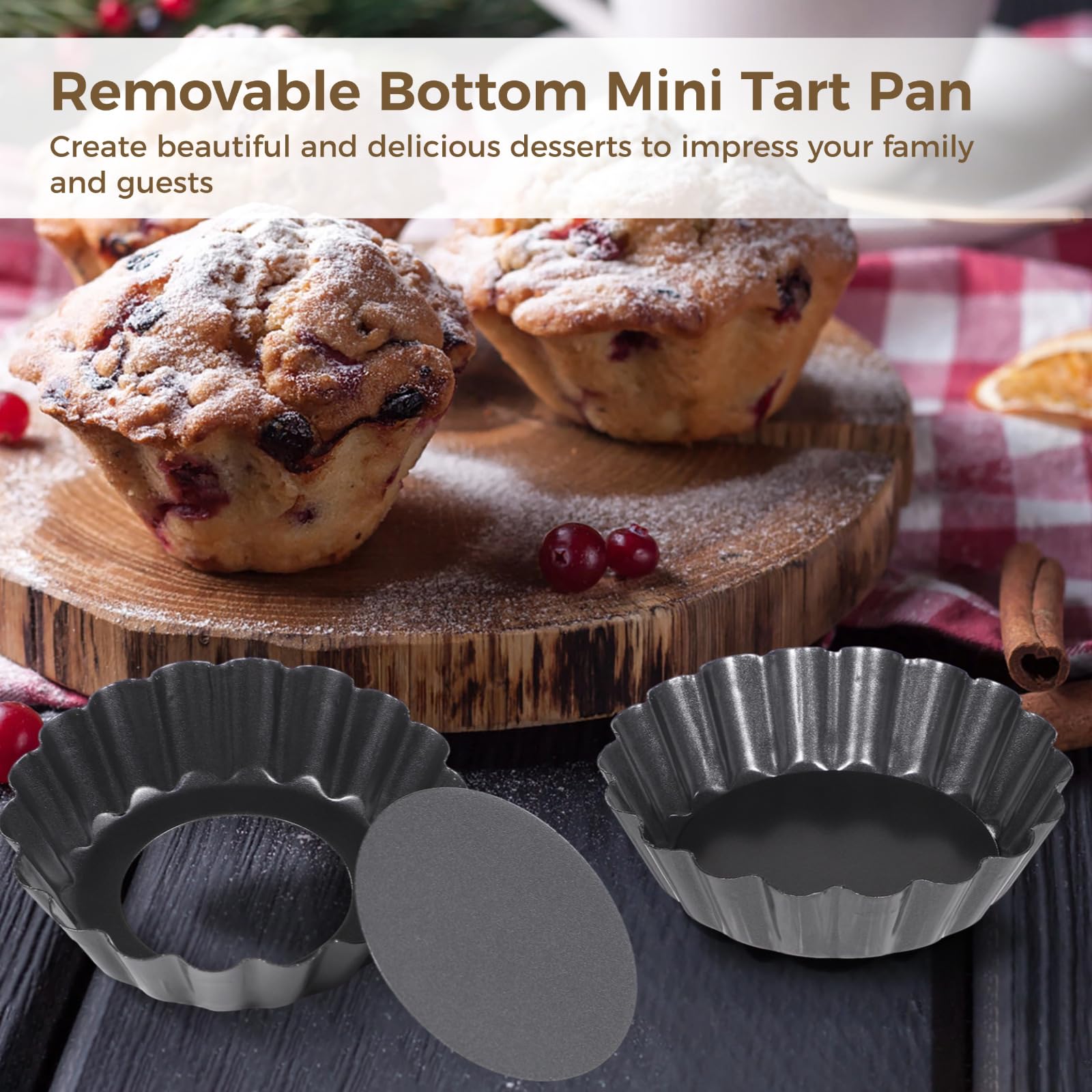 YOFAPA 16 PCS Mini Removable Bottom Tart Pans, 3 in Nonstick Carbon Steel Fluted Cake Molds, Flower Shape Mini Pie Pans - Image 4