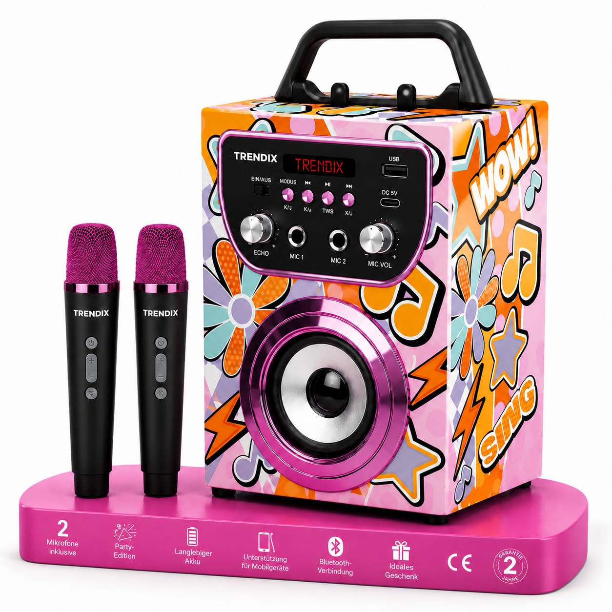 Trendix - Karaoke Maschine Kinder Magic Melody | Karaoke Anlage Mit 2 Mikrofonen | Musikbox Kinder Radio Fm, USB, Bluetooth Und Sd | Kinder Musikbox | Geschenk Mädchen 6 Jahre