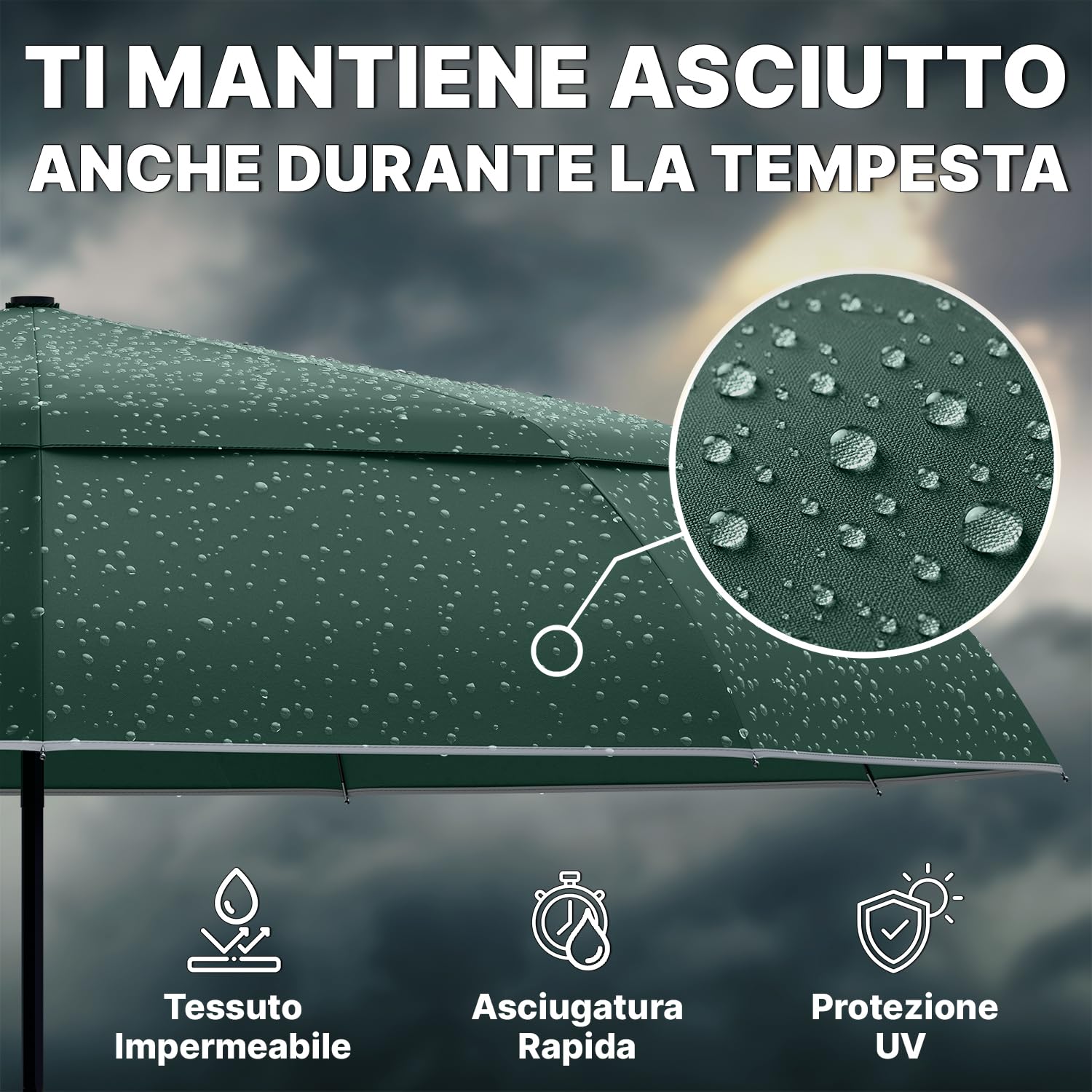 Royal Walk Ombrello da viaggio pieghevole antivento, compatto e resistente, con manico in vero legno, apertura automatica, chiusura automatica, doppia tettoia per uomini e donne, Verde scuro, L,