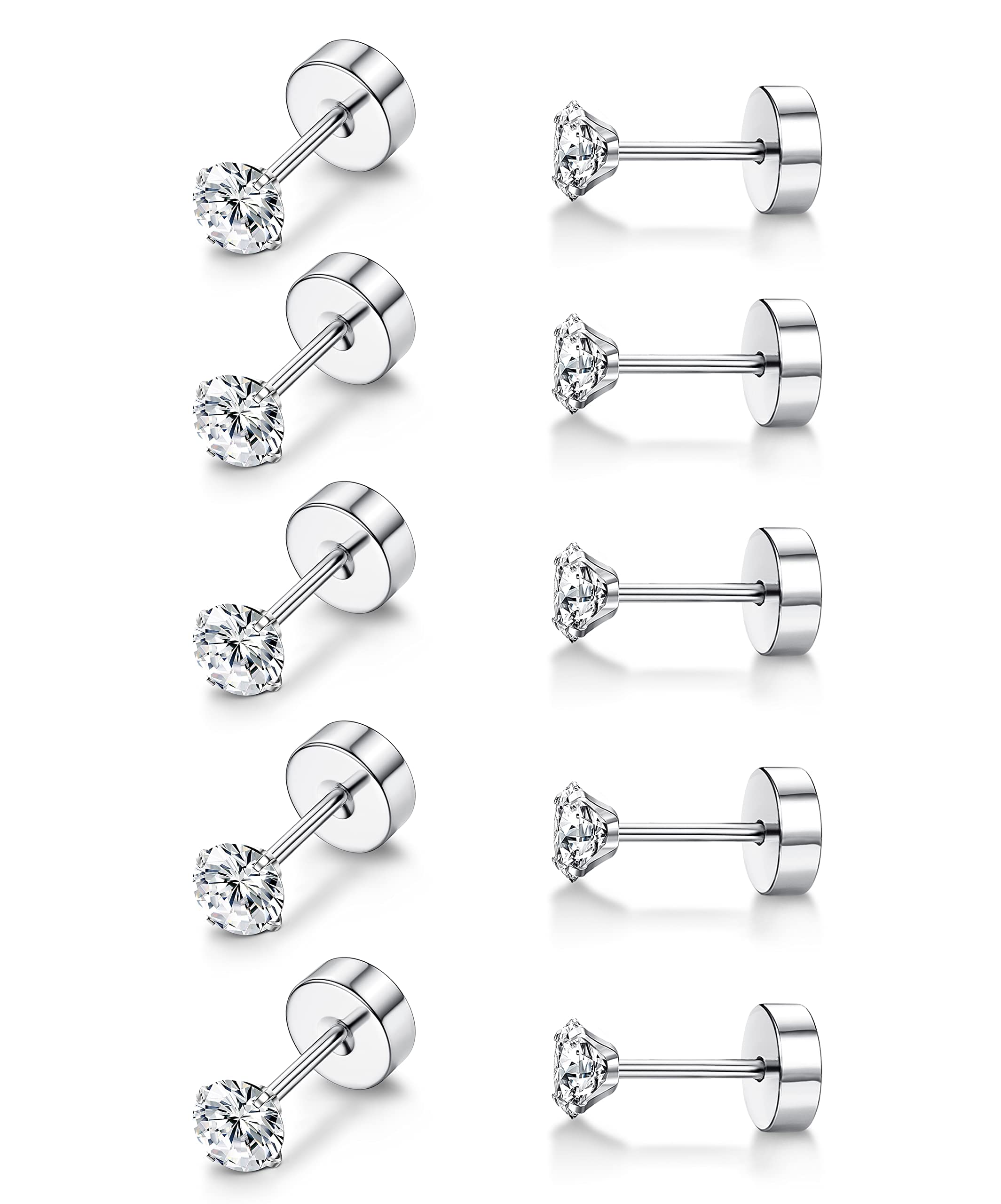 MILACOLATO Piercing Titanio para Mujer Niñas 5Pairs G23 Pendientes de Titanio para Oreja Piercing Diamante Simulado Pernos Hipoalergénicos 20G Flat Back Piercing Sleeper Cartílago Pendiente Set