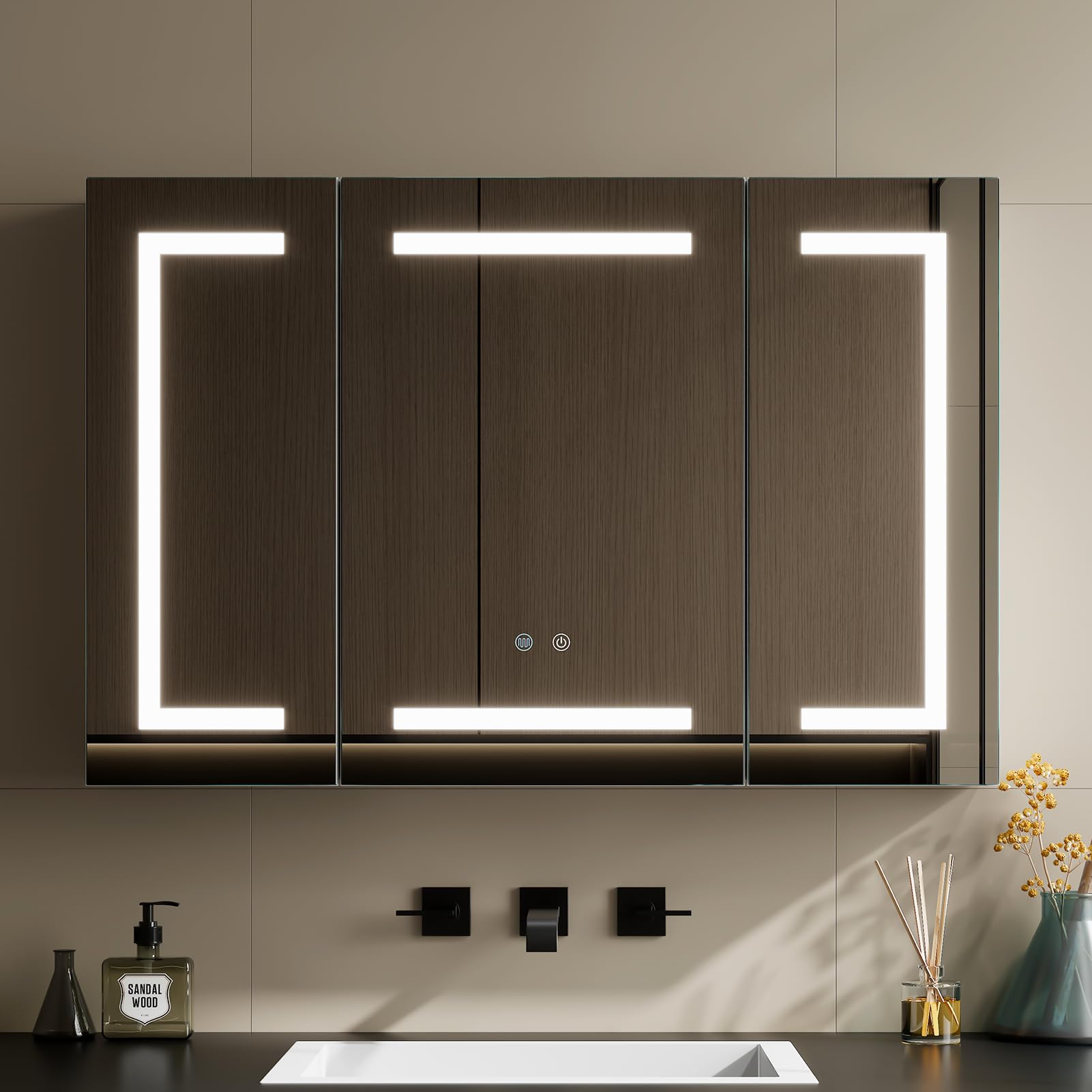 Warmiehomy Bathroom Mirror Cabinet with Lights,90x60cm 3-color Dimmable LED Illuminated Bathroom Mirror Cabinets with Shaver Socker Defogger Touch Switch Three Door,White Frame