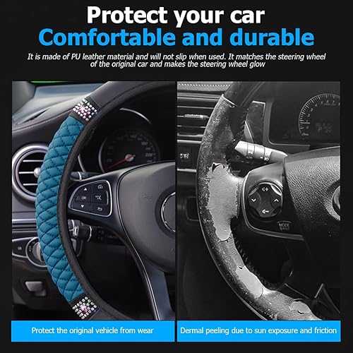 Miniatura 10 de Osilly Funda brillante para volante de automóvil, 15 pulgadas, con diamantes de imitación de cuero suave, protector elástico para volante, diamante