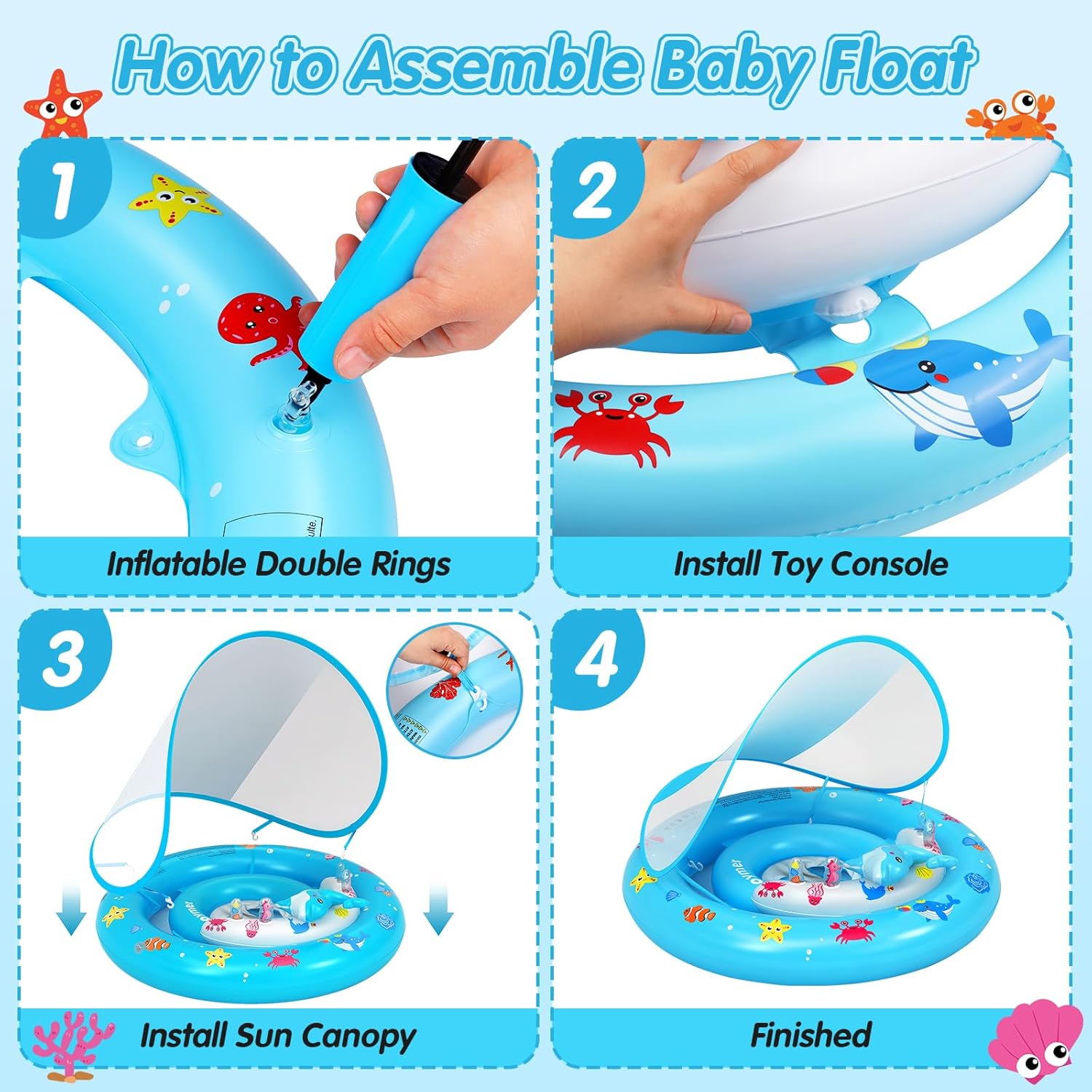 Baby Pool Float with UPF50+ Sun Protection Canopy, Inflatable Swim Floatie with Animal Toy Play Console and Hand Air Pump, No Flip Over Swimming Floaty for Infants & Toddlers 6-36 Months