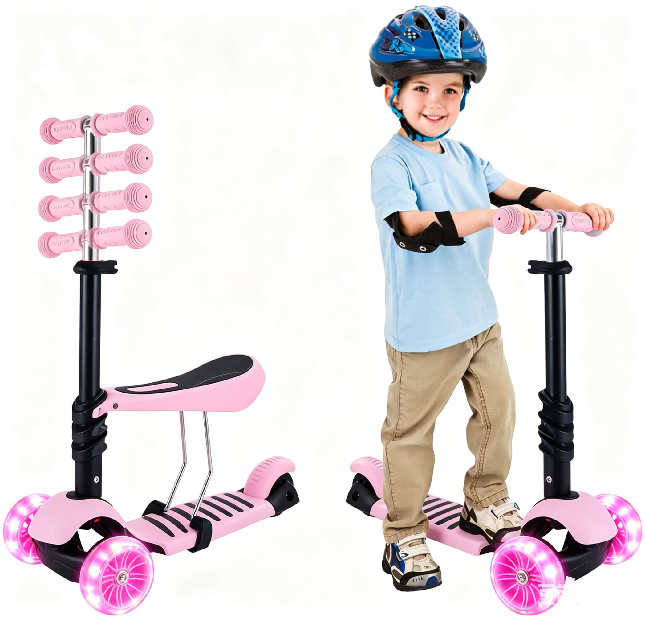 Patinete infantil 3 en 1 con asiento – Draisienne y patinete de 3 ruedas, montaje fácil, altura ajustable, LED ruedas, bandeja antideslizante – para niña/niño de 2 a 8 años