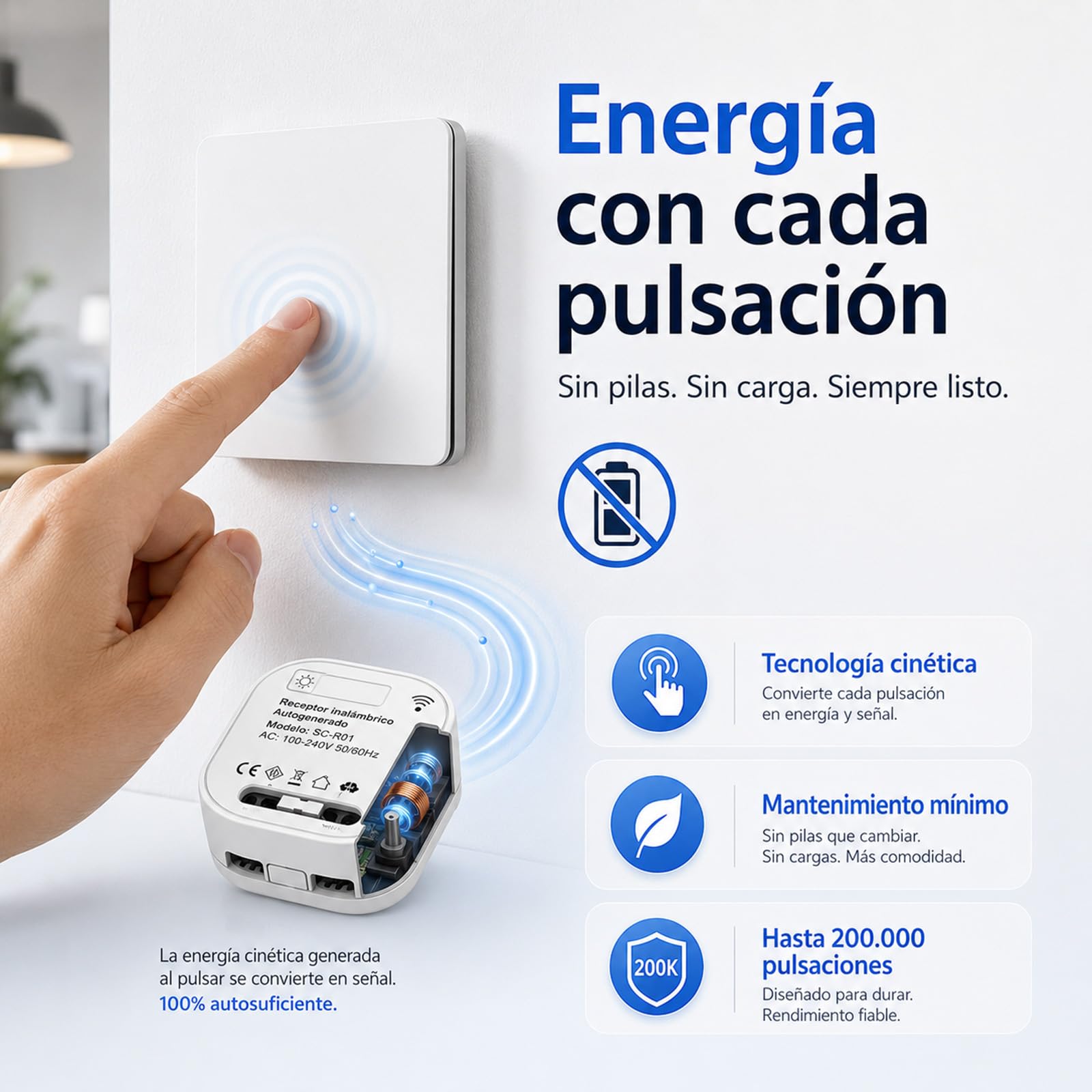 Interruptor inalámbrico Kinelux, kit con receptor sin pilas (Blanco, 2 teclas)