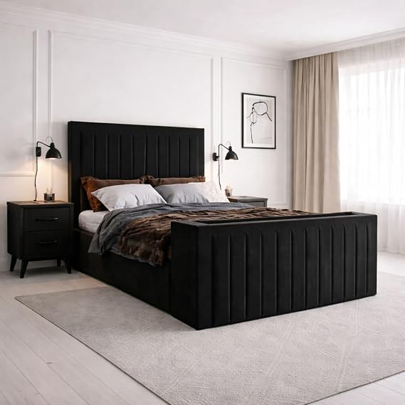 Black Double TV Bed Frame with Storage TV Bed – Ottoman Double Bed with Remote-Controlled TV Lift – Plush Velvet Fabric, 54 Headboard – Bed with Gas Lift Storage & 38 Footboard