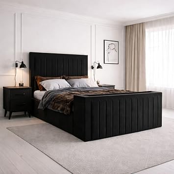 Black Double TV Bed Frame with Storage TV Bed – Ottoman Double Bed with Remote-Controlled TV Lift – Plush Velvet Fabric, 54 Headboard – Bed with Gas Lift Storage & 38 Footboard