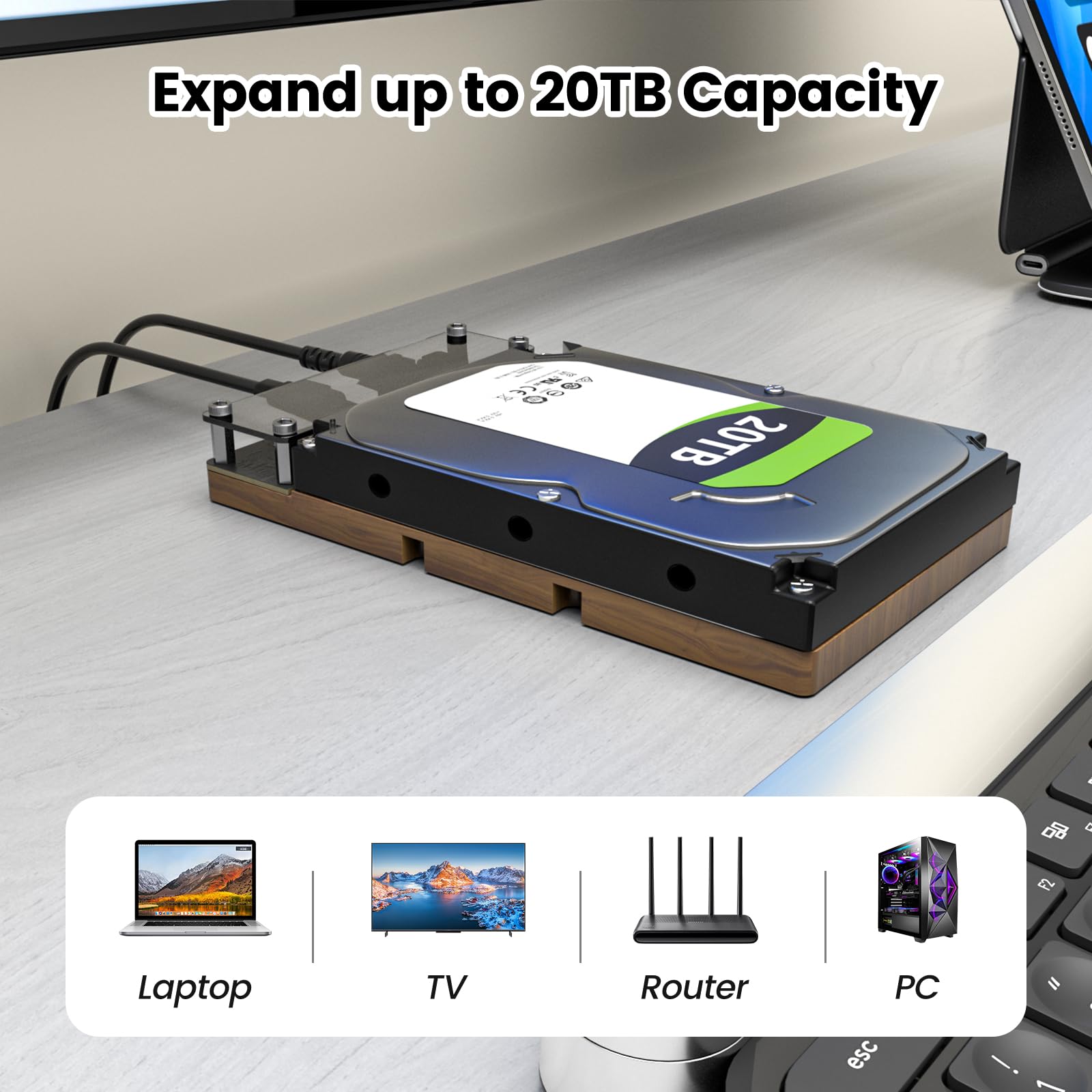 Adaptador SAS a USB 3.0, estación de acoplamiento de disco duro SAS SATA para SSD HDD de 2.5/3.5 pulgadas, lector de disco duro externo con adaptador de corriente de 12 V/2 A, sin herramientas