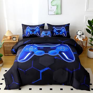 Blue Gamer Twin Comforter Set for Kids Boys - 6Pcs Gaming Bedding Set with Sheets, 3D Video Game Teen Boy Bed in A Bag, Gamepad Print on Black, Blue, Twin