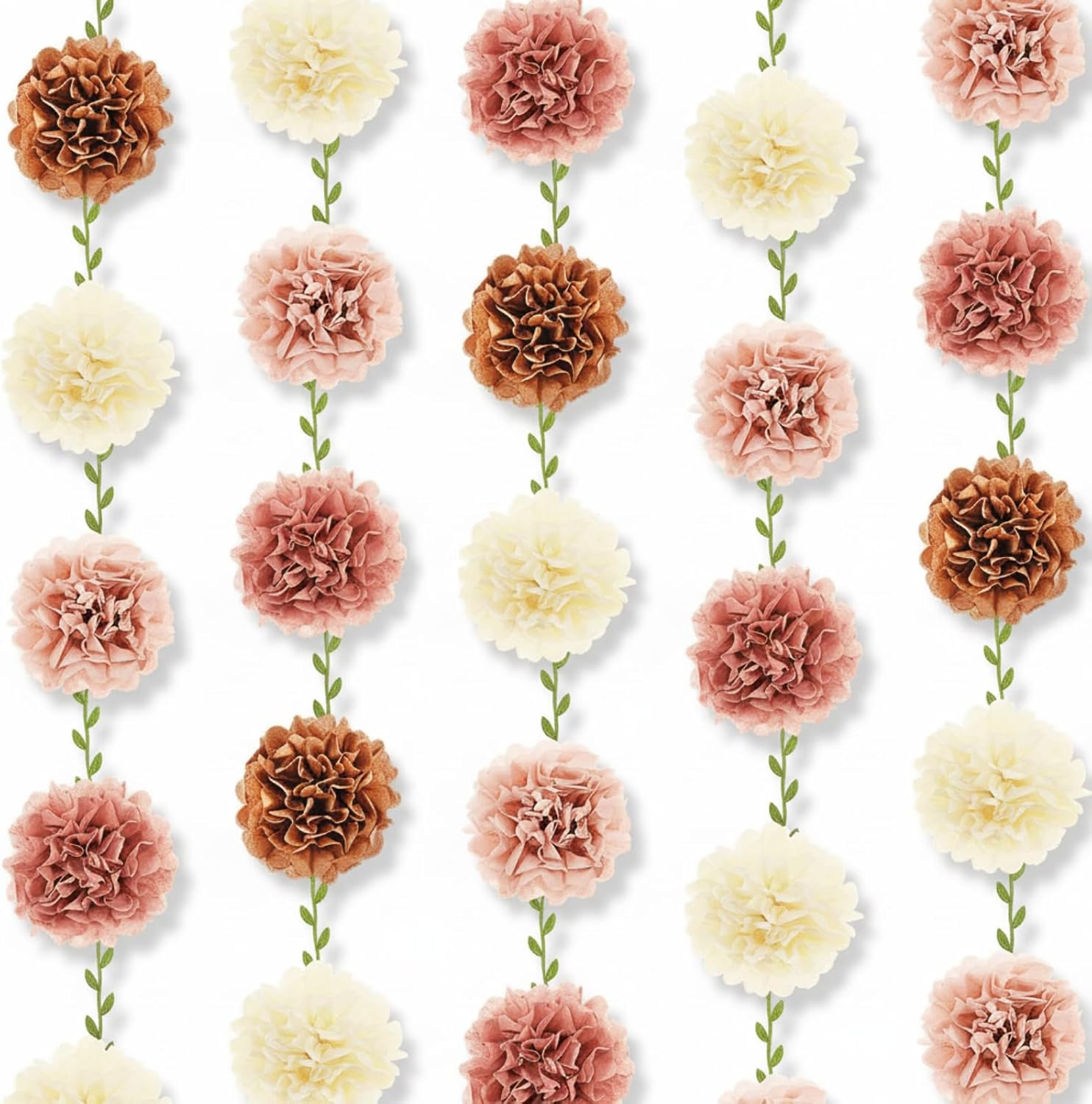 Outus Boho Tissue Paper Pom Pom Garlands Hanging Streamers DIY 98.4 ft Artificial Vine Leaves and 36 Pcs Paper Flowers for New Year Party Birthday Wedding Bridal Shower Decorations