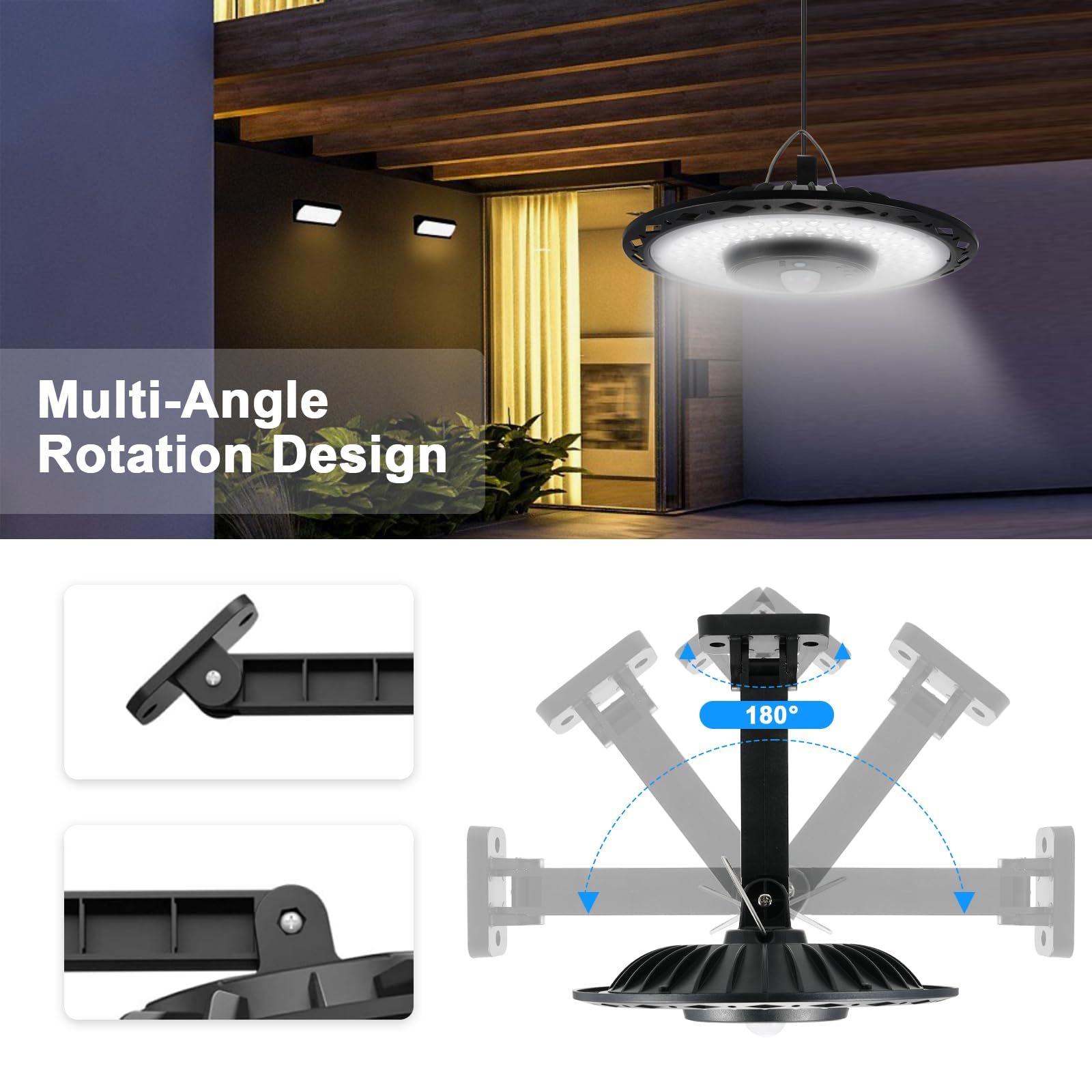 Lixada Lampada solare per esterni, 180 LED, 4400 mAh, con cavo da 5 m, impermeabile, sensore di movimento, 5 modalità, per interni ed esterni, giardino, campeggio, pollaio, serra, 1 pezzo