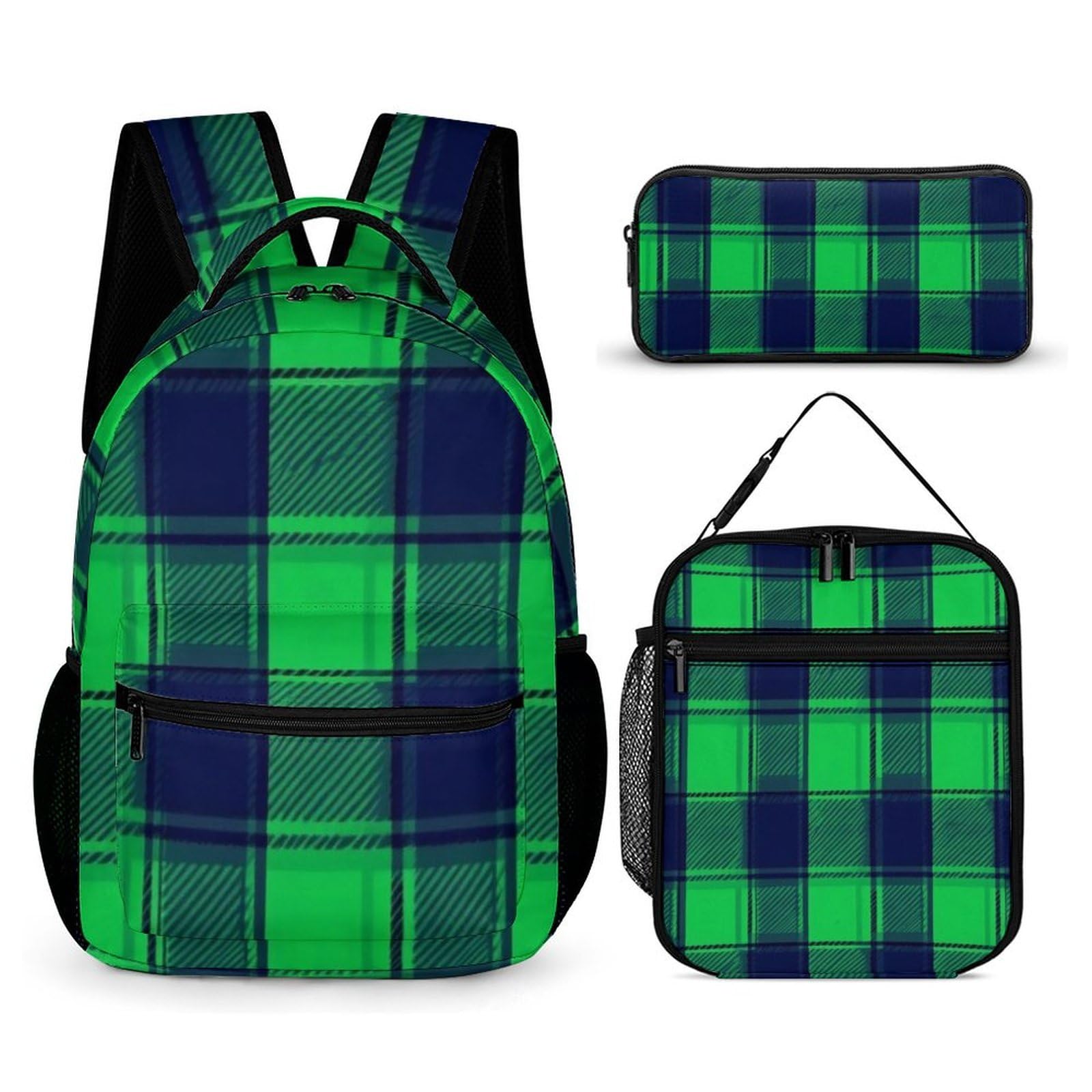 Mochila con bolsa de almacenamiento para lonchera, estampado escocés a cuadros negros y verdes (2), juego de mochila y neceser