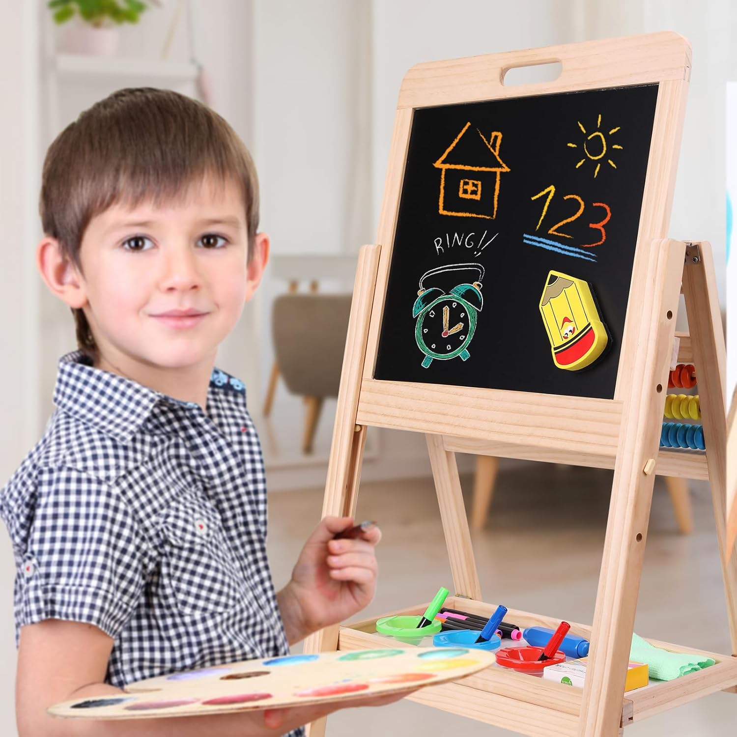 QZMTOY Kids Art Easel, Deluxe Standing Easel Set, Adjustable Art Table, Dry Erase Board & Chalkboard Double Sided Stand, 360 Rotating Drawing Easels with Art Supplies, Adjust Height 28-39in