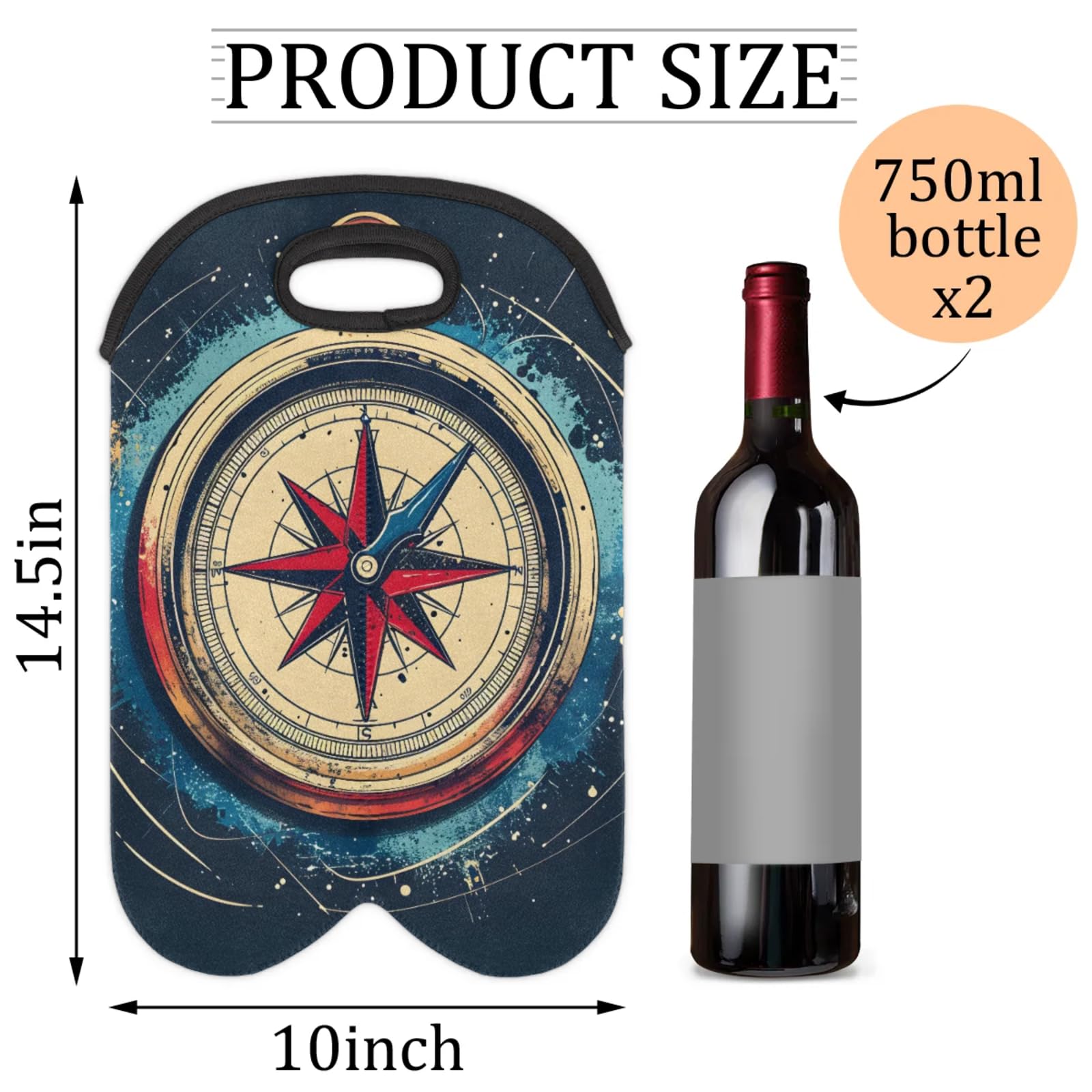 GzLeyigou 2 Bottles Compass Ocean Wine Bag Sleeve Totes Neoprene Protective Wine Carrier Bag for Wine,Water, Champagne, Beer, Baby Bottles,Gift 14.5 x 10 Inches