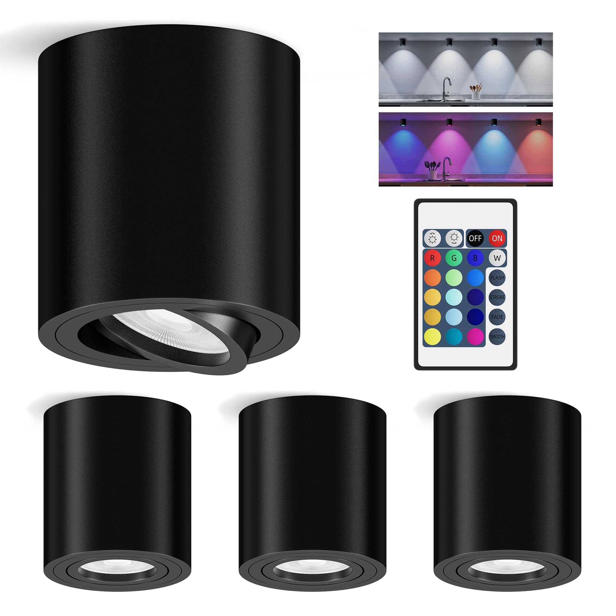 4 Stück LED Aufbauspot RGBW & Dimmbar, Deckenspot mit GU10 Fassung | Deckenstrahler 30°Schwenkbar 230V 6W RGB Kaltweiß 6500K, Aufbaustrahler mit Fernbedienung Aluminium Aufputz Spots