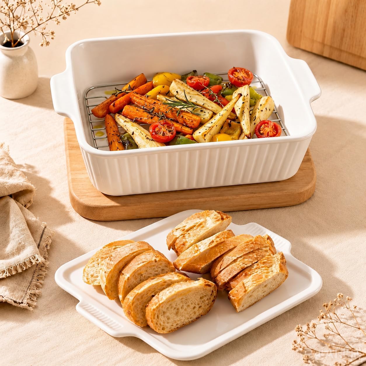 3‑Pcs Baking Dish Set with Lid & Grill Racks, Stackable Bakeware