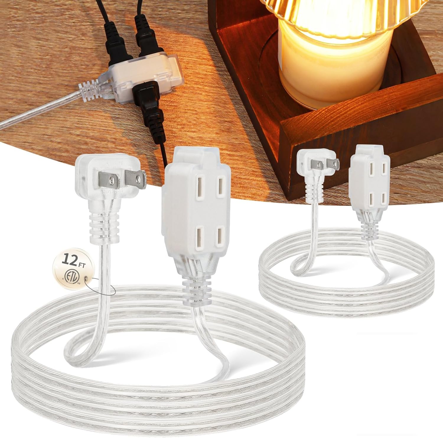 2 Pack Clear Extension Cord 12FT, 3 Outlet Extension Cord with 90° Flat Plug, UL-Certified Indoor Extension Cords, 2 Prong Thin Extension Cords, Male to Female, 2 x 18 AWG 125V 7A