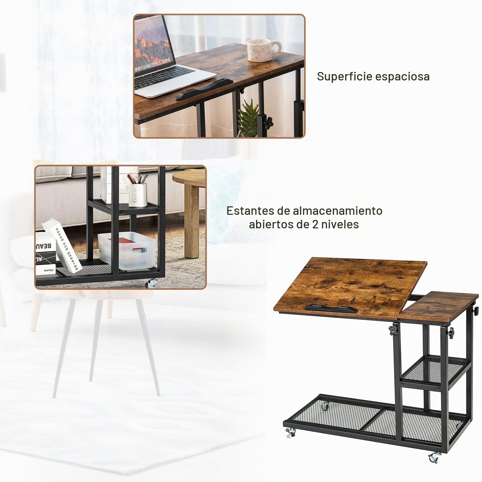 LIFEZEAL Mesa Auxiliar, Mesa Ajustable en Altura para Portátil, Tablero Ajustable y Ruedas con Freno, Escritorio elevable en Forma de C para Dormitorio, Salón y Sofá (Marrón)
