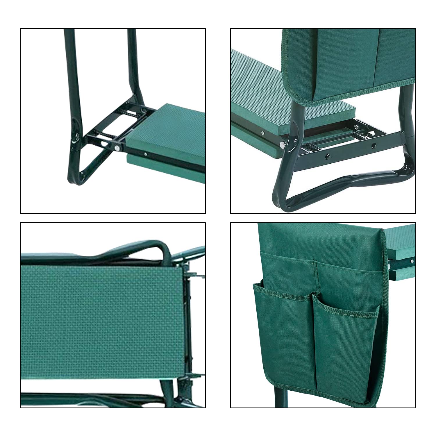 Tabouret de Jardin, Banc Agenouilloir de Jardinage 2 en 1 avec coussin en mousse EVA pour Protege Genoux, Pliable siège de jardin Avec sac à outils, 60 x 50 x 28 cm Vert, Charge maximale 150 kg