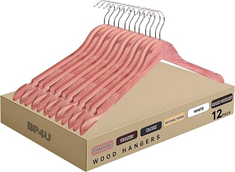 Wooden Top Hangers with 360 Swivel Hook, Cedar Wood, 12-Pack | Heavy Duty Solid Wood Suit & Clothes Hangers with Anti-Slip Notches, for Jackets, Coats, Shirts & Dresses