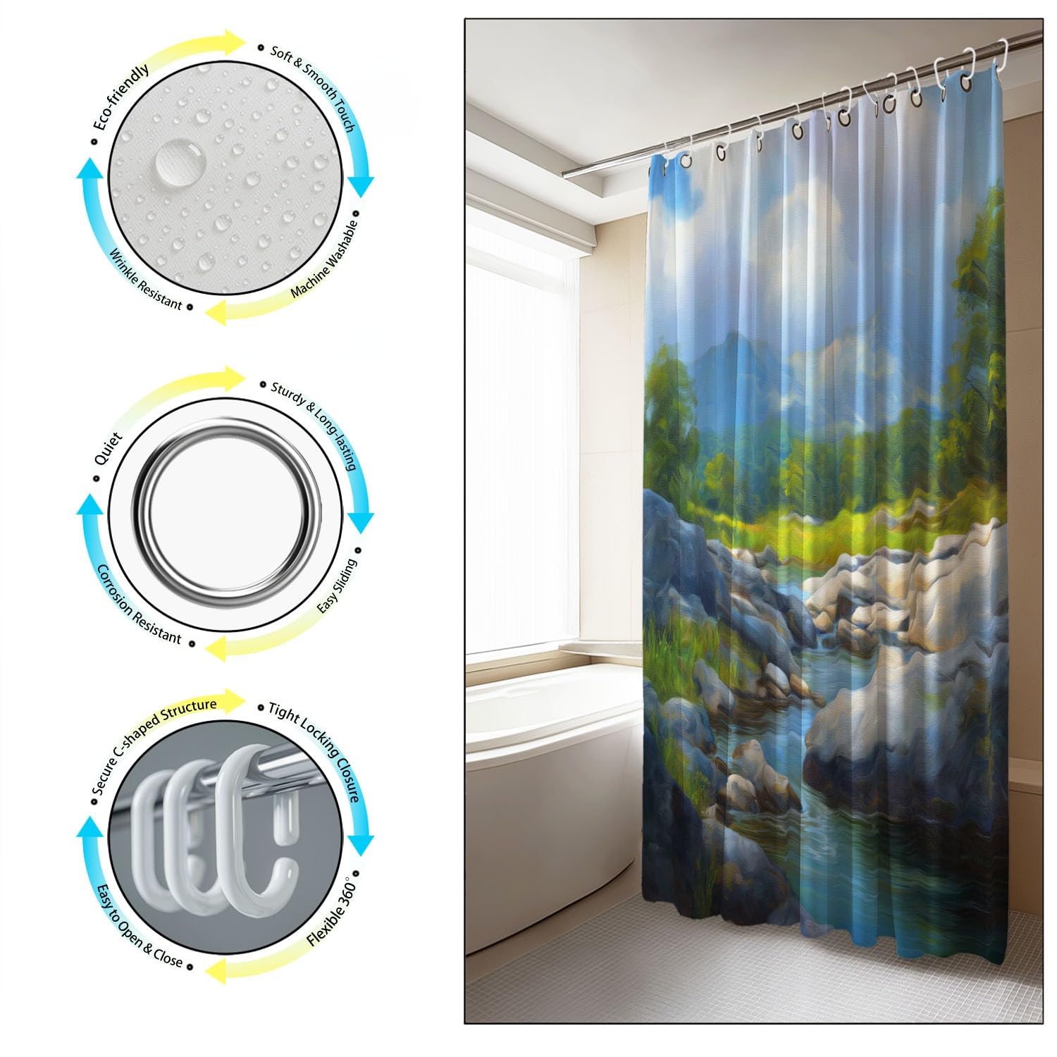 Cortina de ducha natural para paisaje, cortina de ducha, 180 x 200 cm, antimoho, tela lavable, naturaleza salvaje, río, sinuoso, rocas, baño, bañera, con ganchos, azul