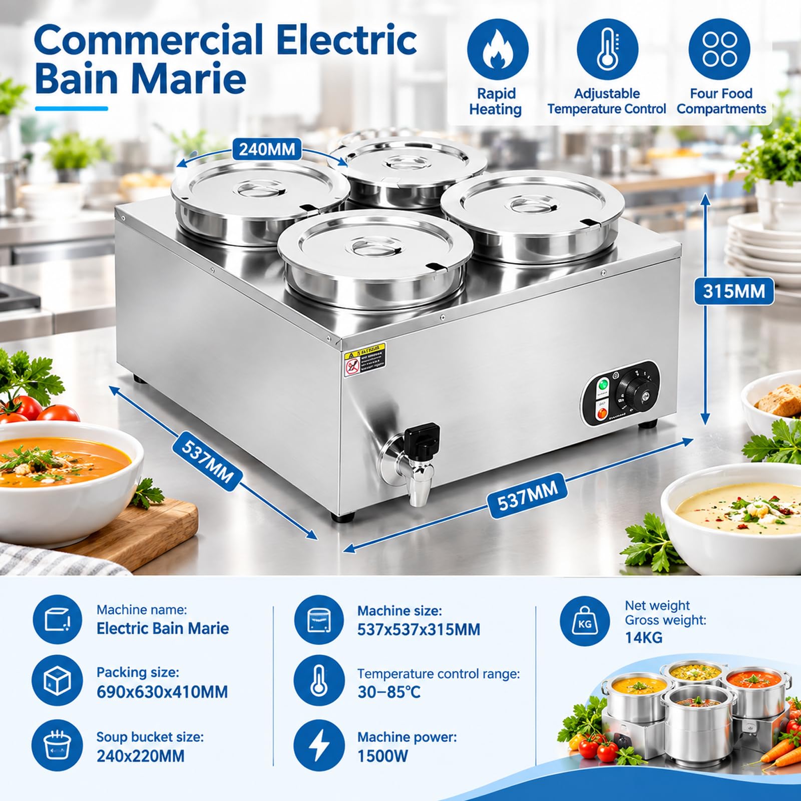 Chauffe-aliments commercial 4L, température réglable 30-85°C